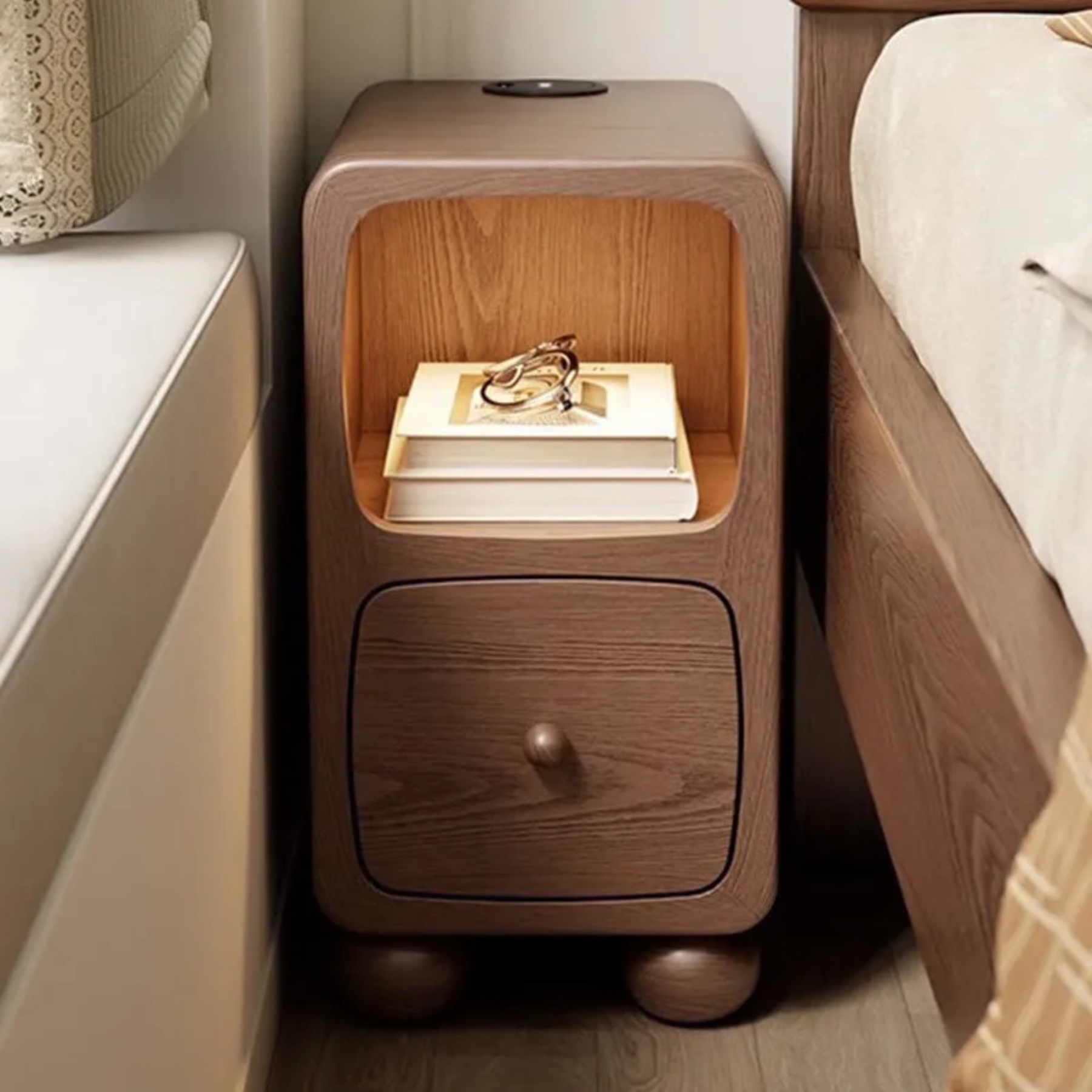 Lighom luxury multi-panel rubberwood natural nightstands in glass — 9.84" L x 9.84" W x 18.9" H / Walnut