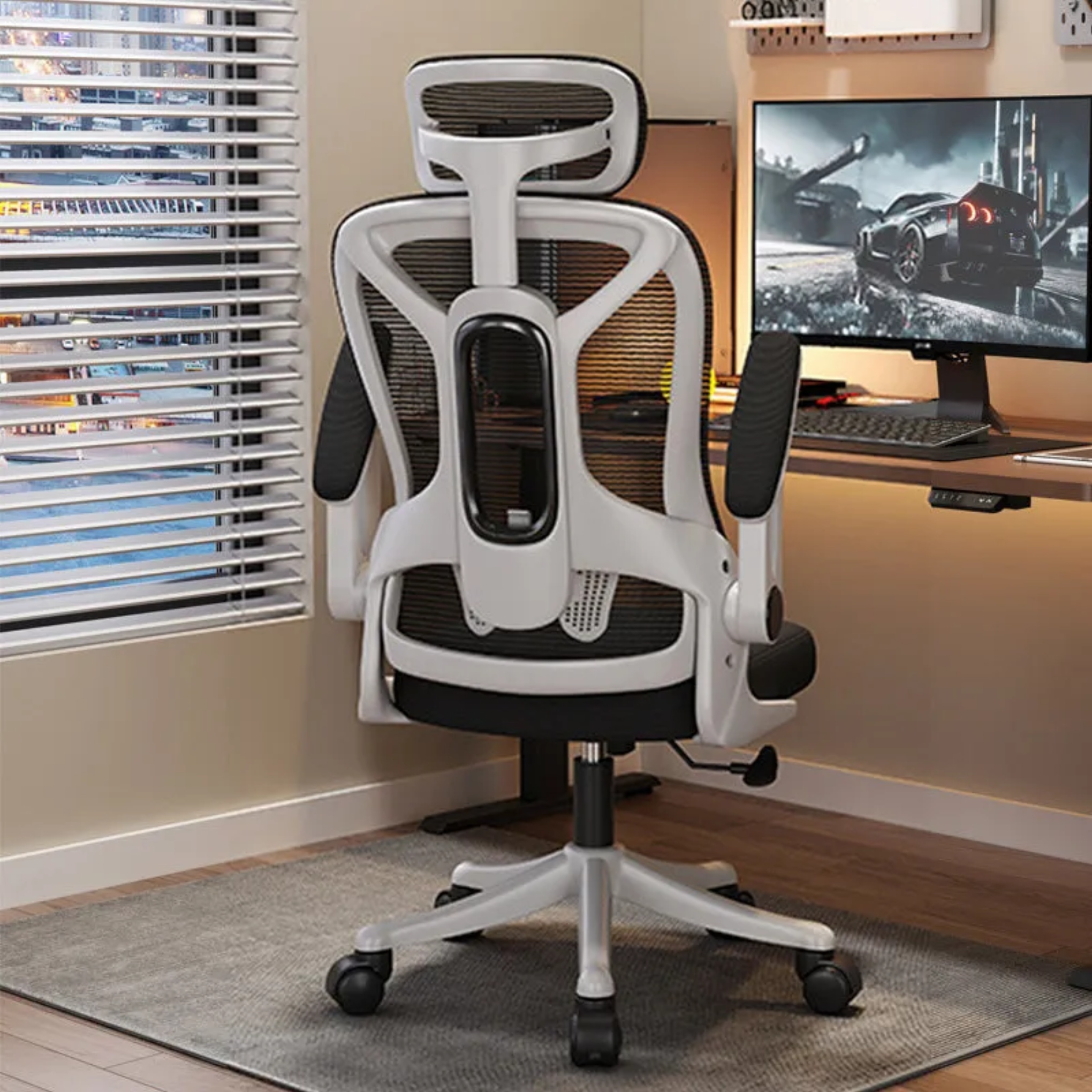 Black minimalist desk mesh office chairs