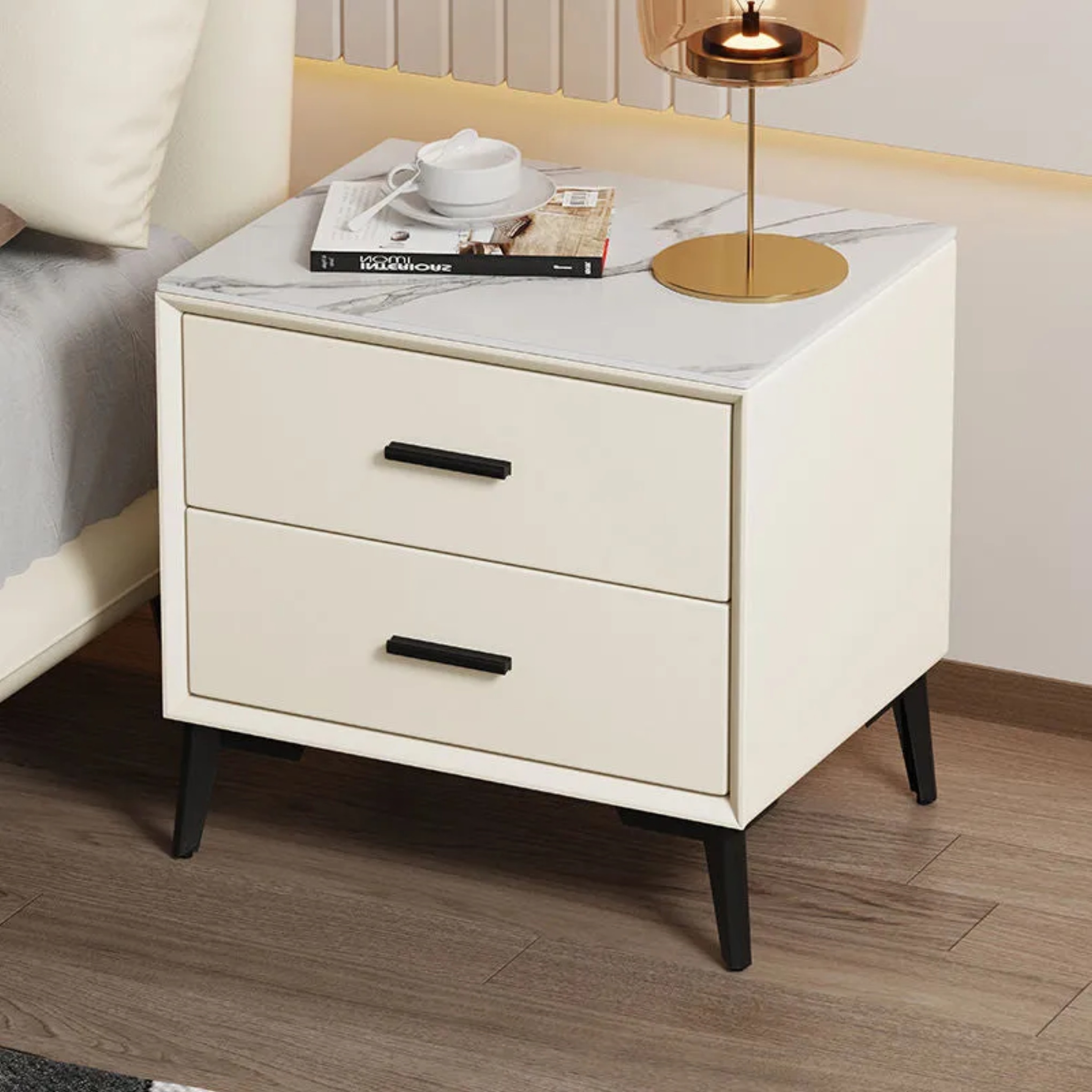 Luxury veneer microfiber nightstands in leather — Beige / Faux Leather / Engineered Wood
