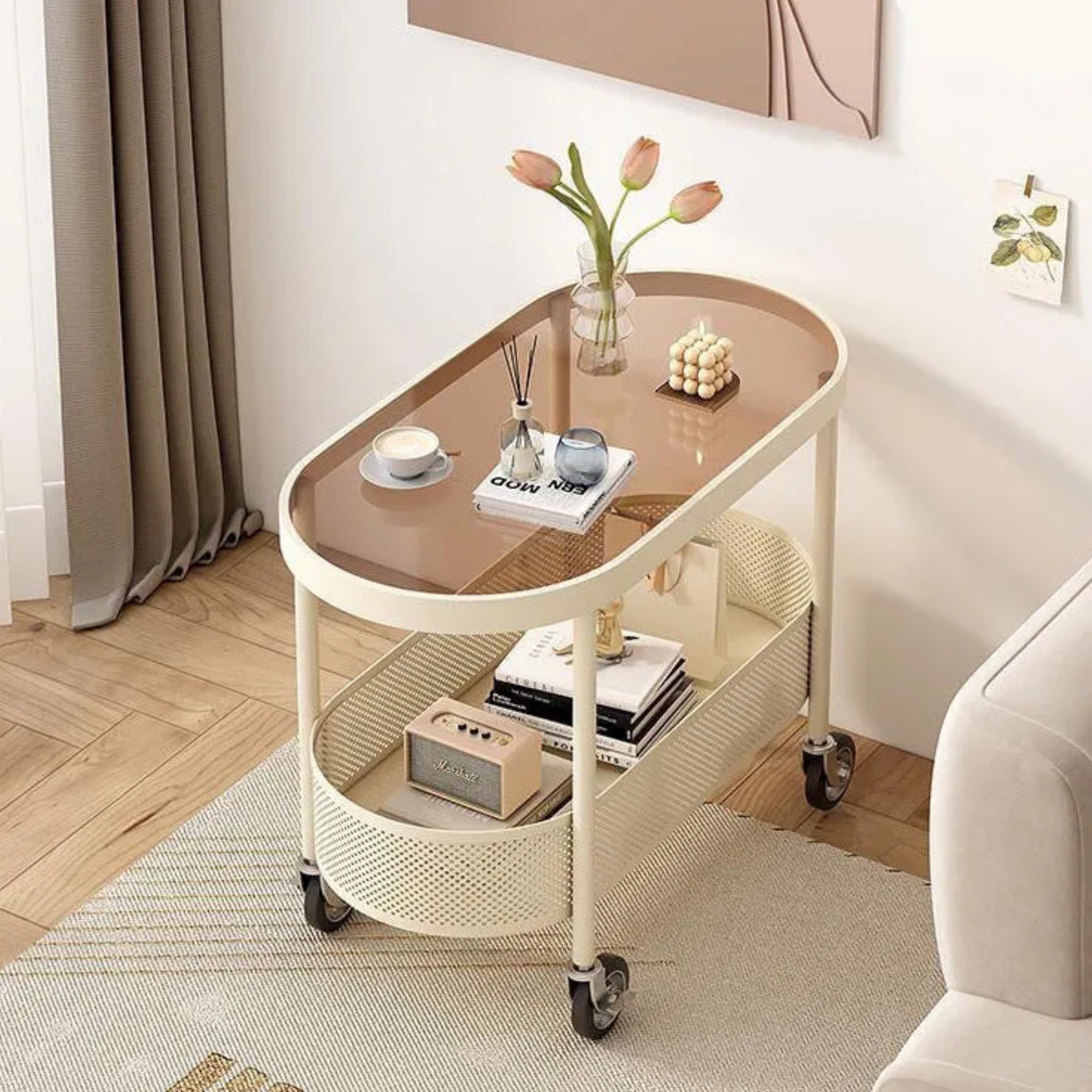 End oval iron side tables for bedroom — 23.5" L x 15.5" W x 21.5" H / White / White