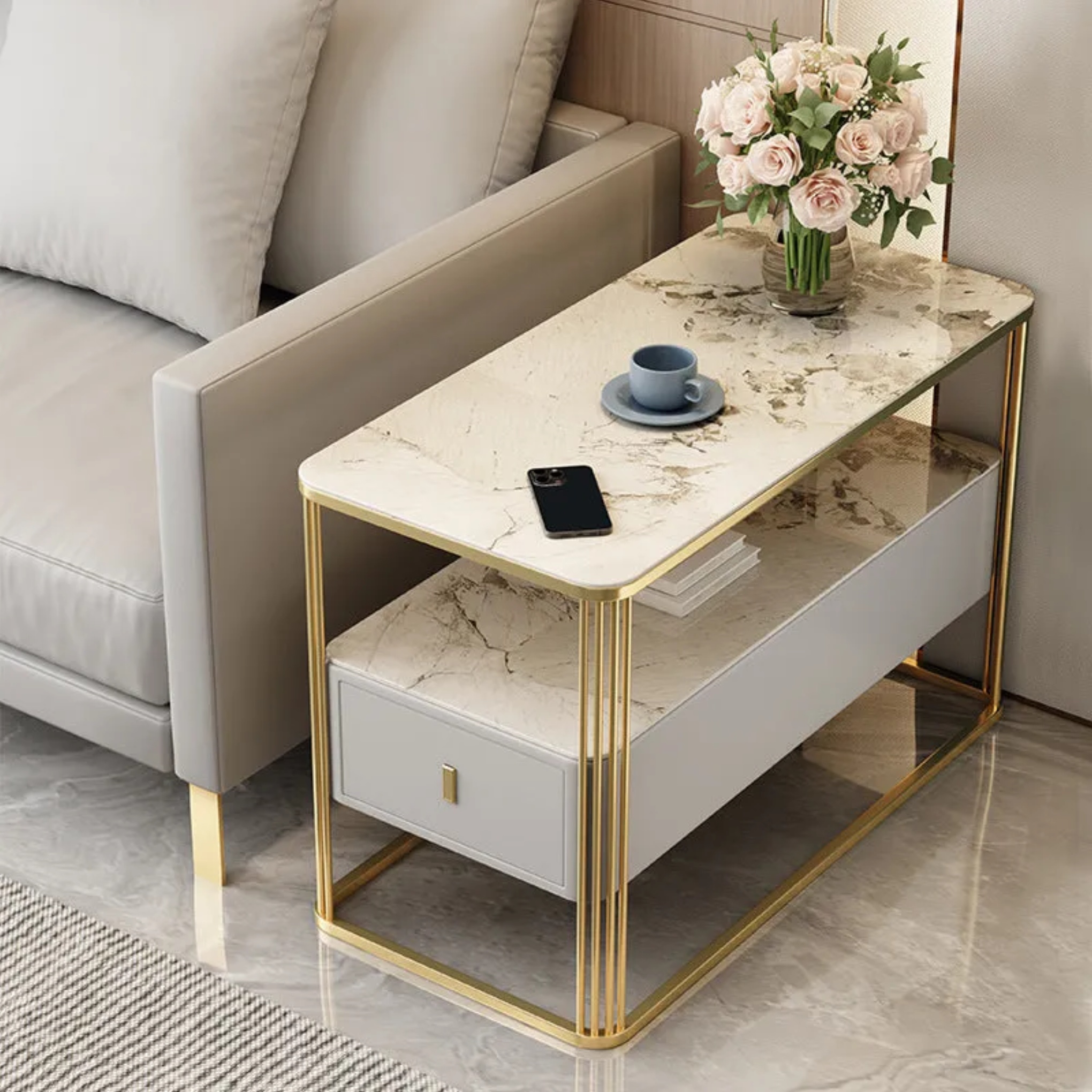 Lighom luxury slab microfiber leather end & side tables — Brown