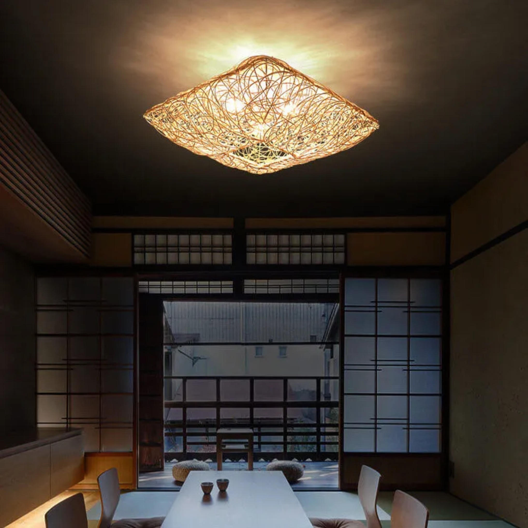 Lighom japanese 3-light square rattan flush mount lighting — 15.75" L x 15.75" W x 10.24" H / 110V-120V (US/CA