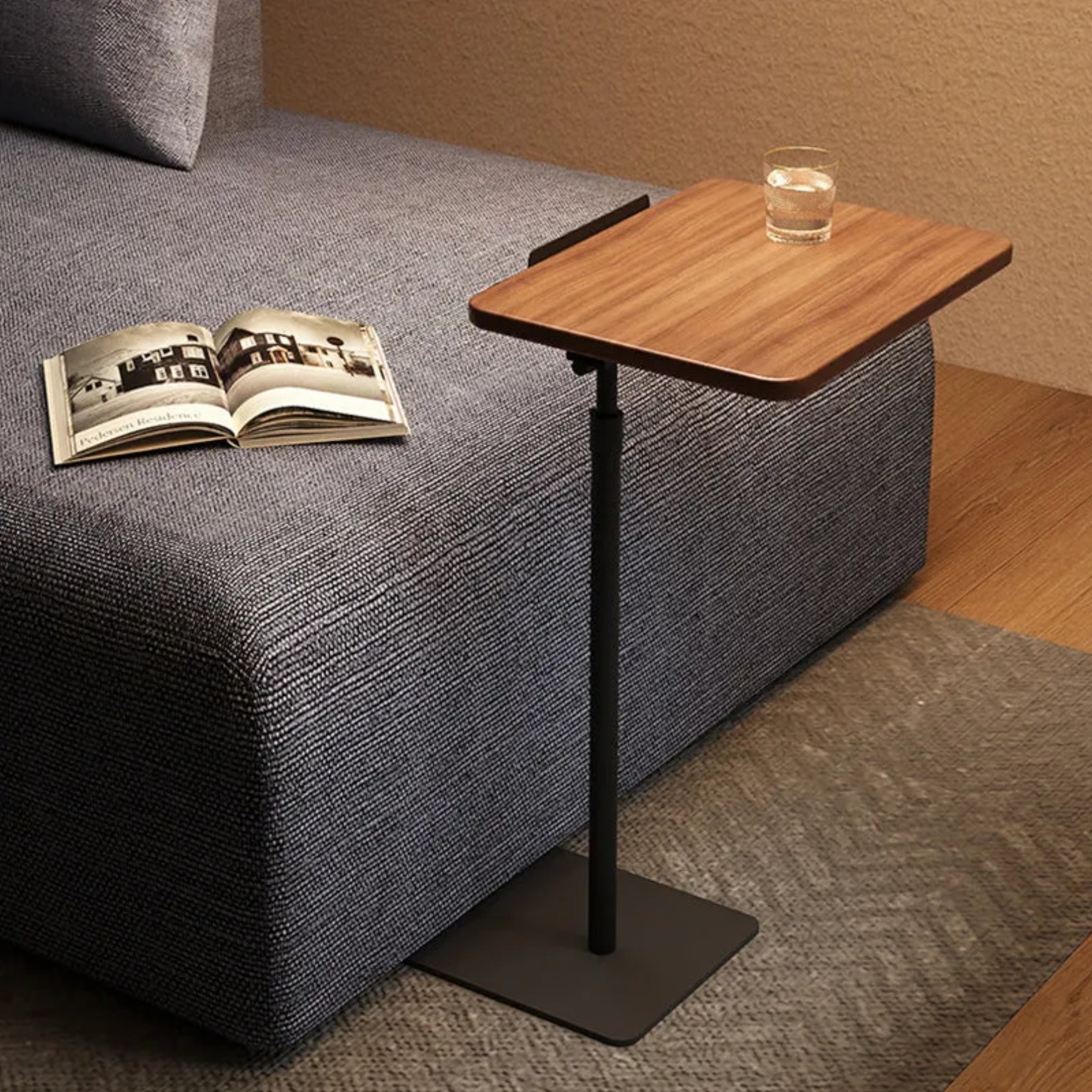 Minimalist reversible side tables in steel — 19.69" L x 11.81" W x 23.62" H / Walnut
