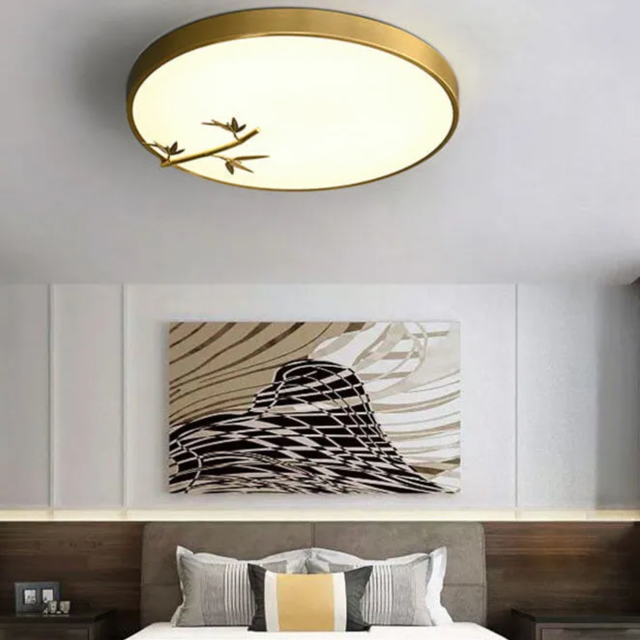 Lighom japanese pattern round bamboo flush mount lighting — 11.81" W x 1.97" H / 3-Color Changeable / Copper Natural