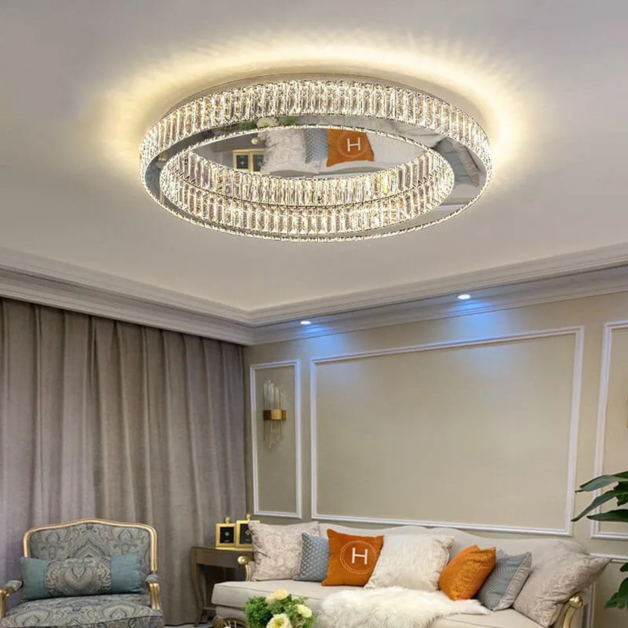 Silver crystal round flush mount lighting - modern — 19.69" W x 4.33" H / 110V-120V (US/CA)