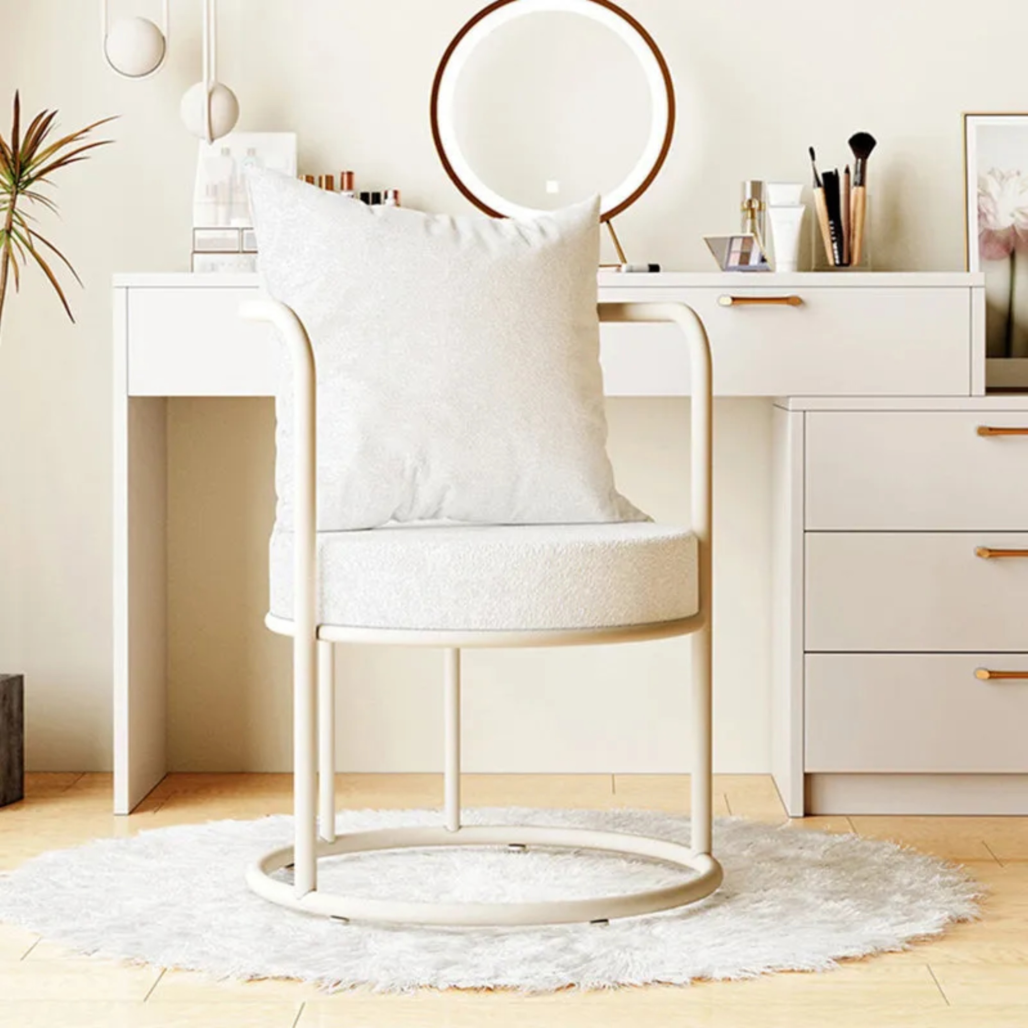 Minimalist round lambswool vanity stools in iron velvet