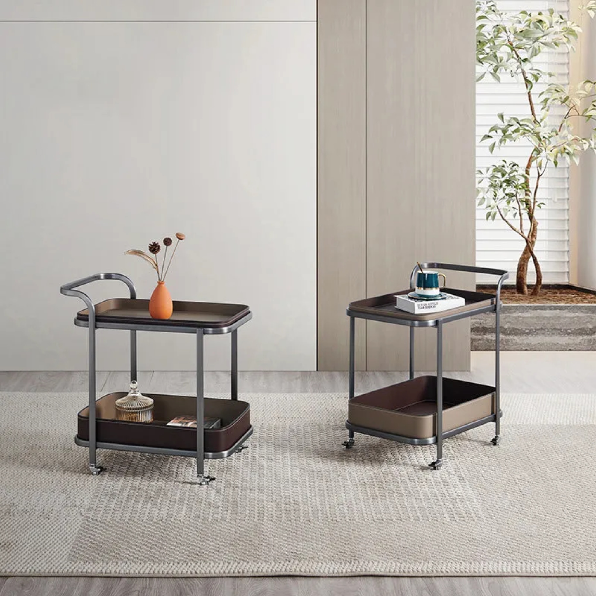Lighom minimalist movable saddle black end & side tables in leather