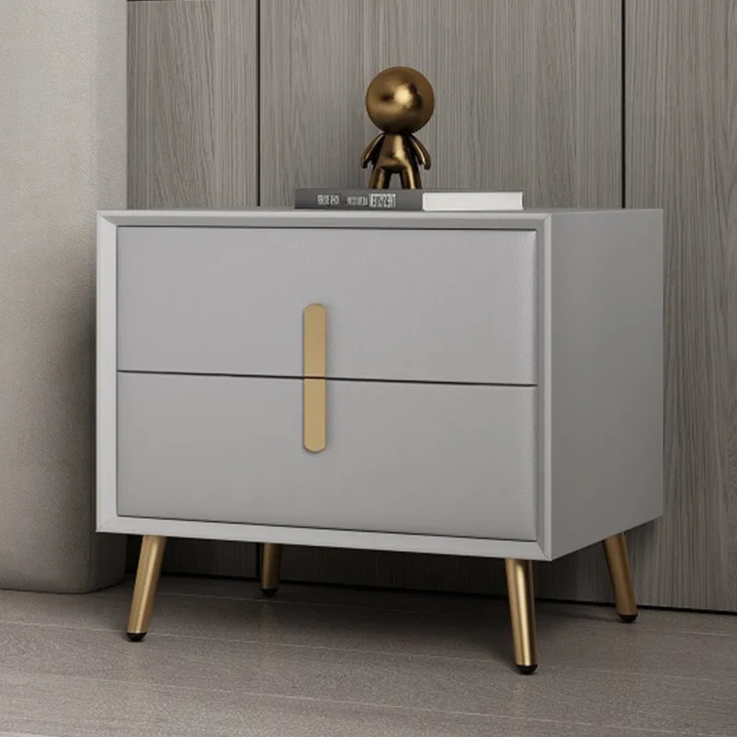 Lighom 2-drawer solid leather nightstands for bedroom — Light Gray