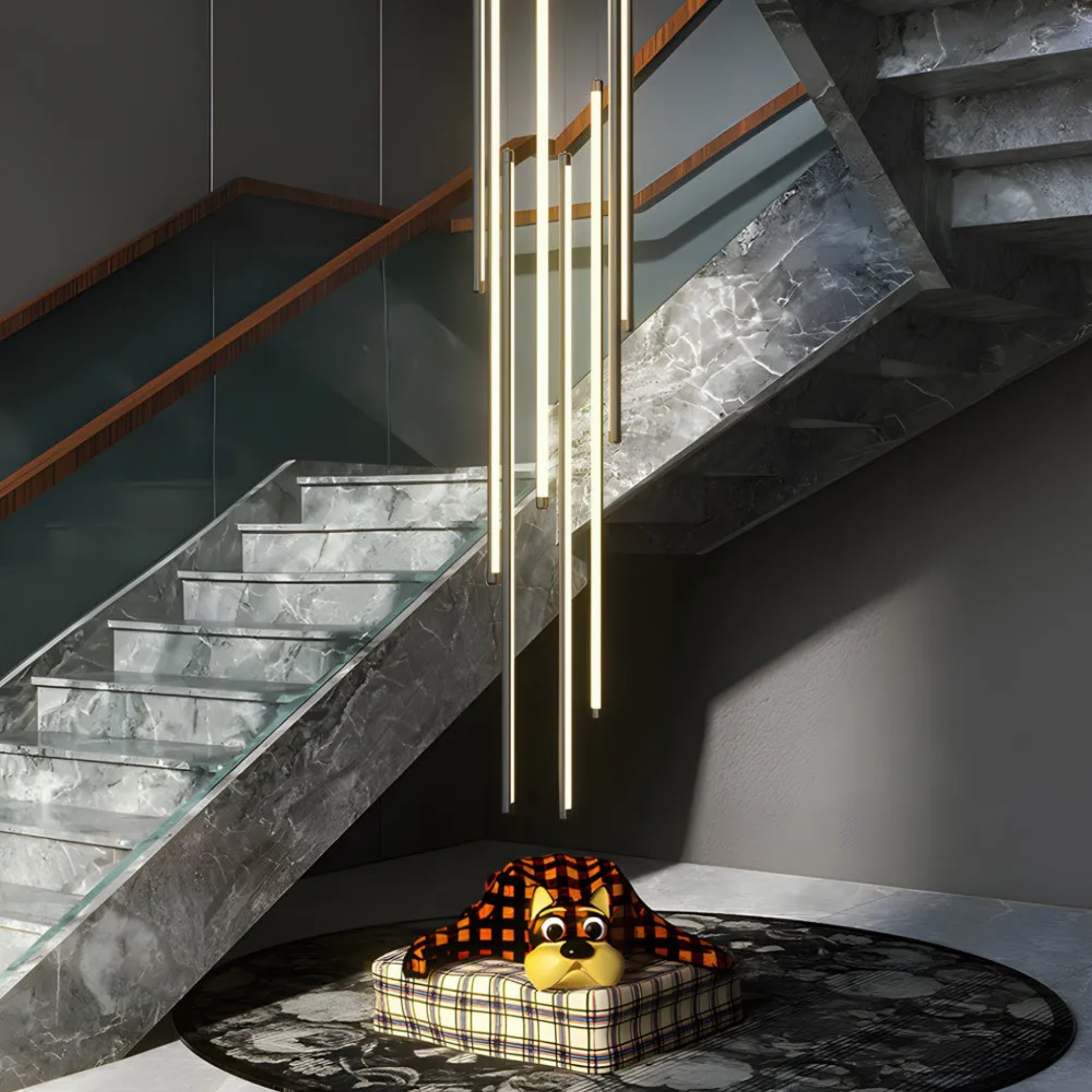Modern staircase multi-strip black synthetic staircase chandeliers, Lighom — 23.6" L / 3-Light