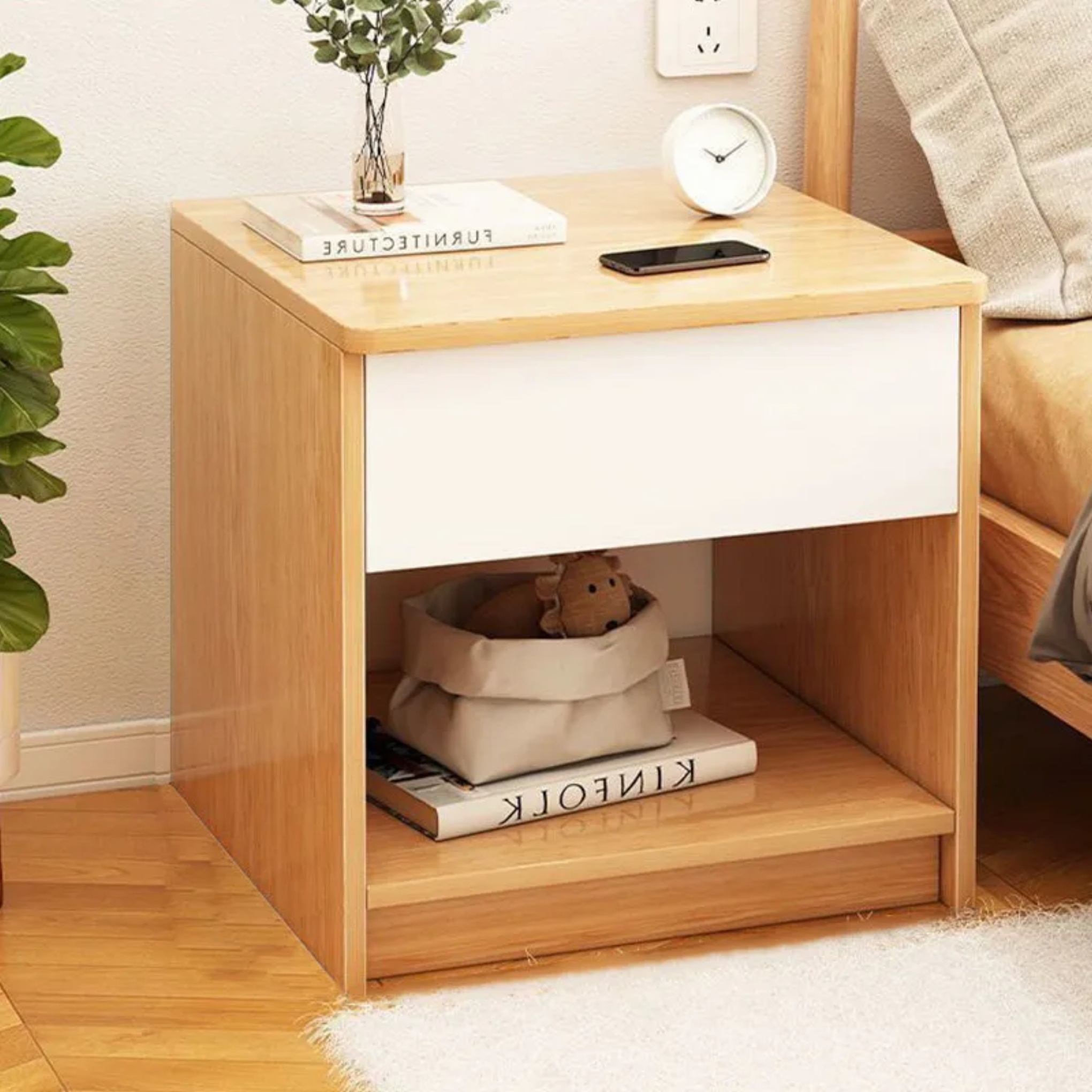 Minimalist 1-drawer square walnut metal nightstands — Design A - Original Wood Color