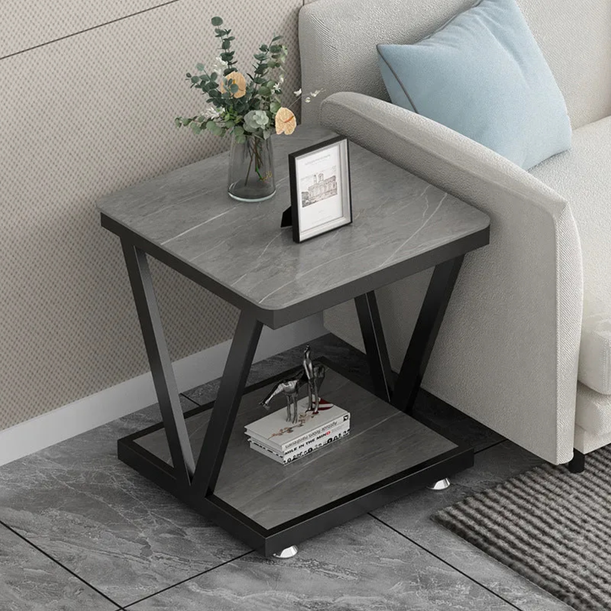 Minimalist square end steel end & side tables — 15.75" L x 15.75" W x 19.69" H / Dark Gray / Black
