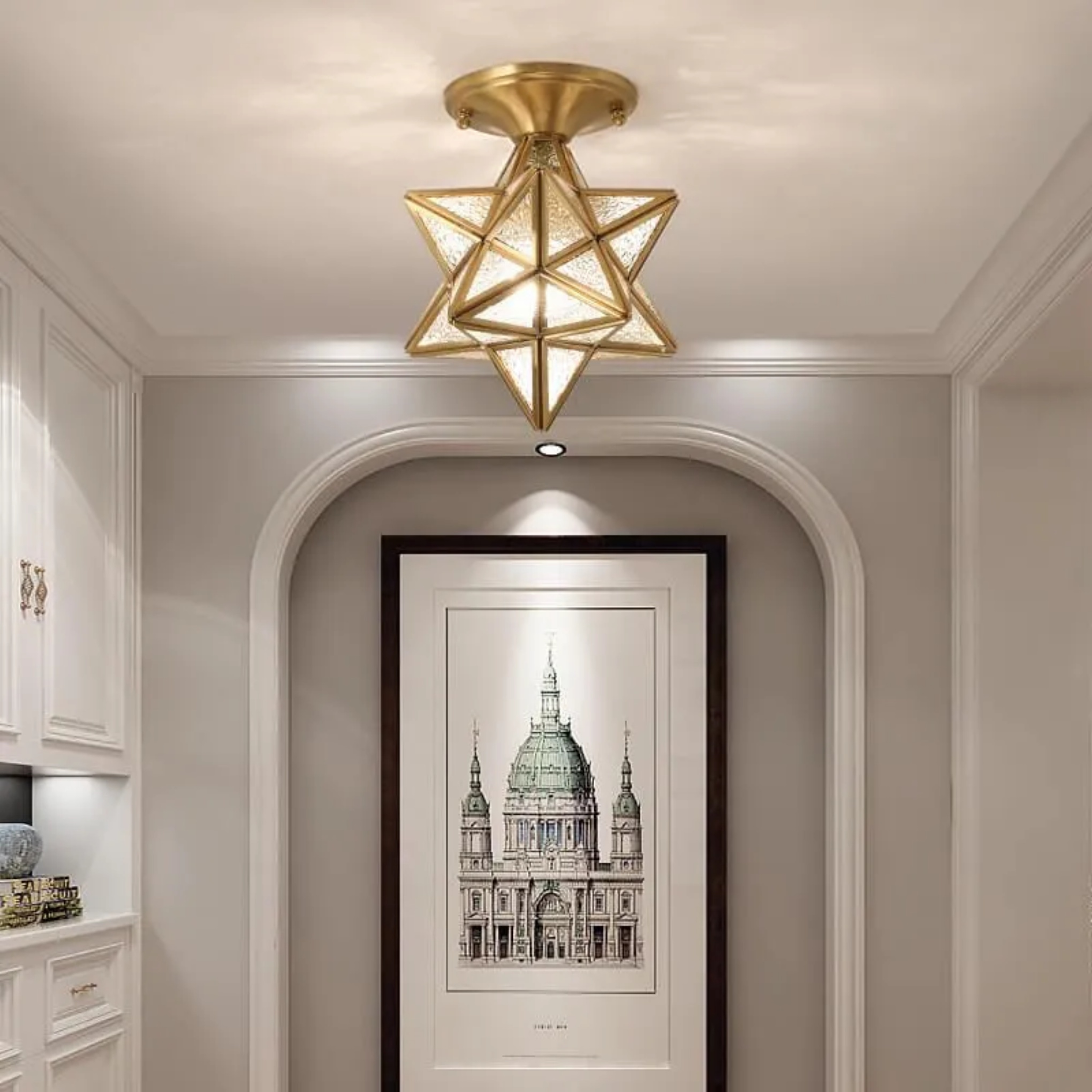 Modern pentagram star semi-flush mount light in metal — Reeded Glass / 110V-120V (US/CA