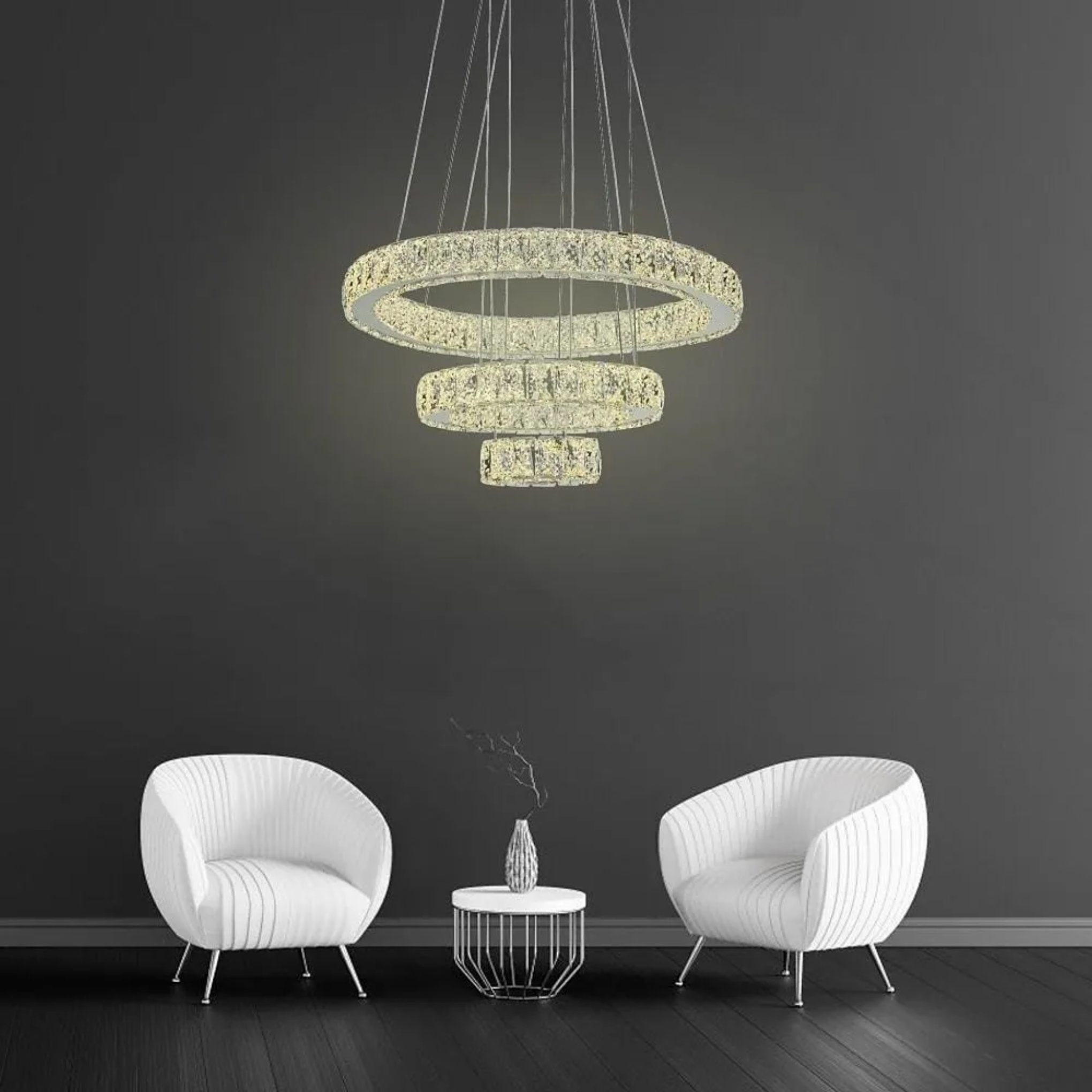 Modern circle three-tier chrome chandeliers, Lighom — Warm White (3000K)