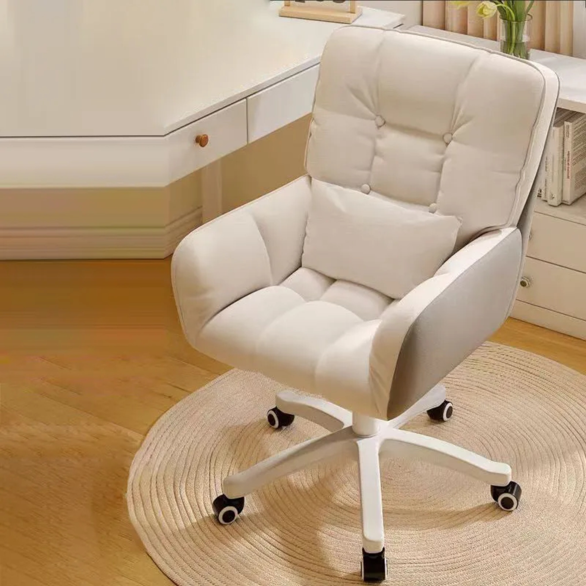 Minimalist desk tufted beige velvet office chairs