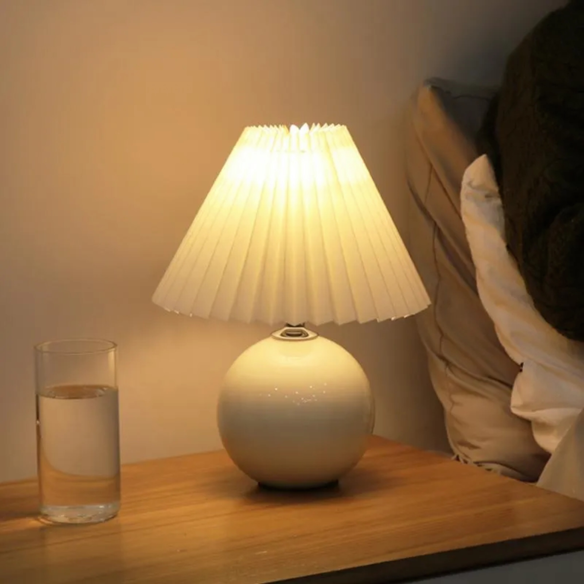 White ceramic synthetic glass pleated globe table lamps - modern
