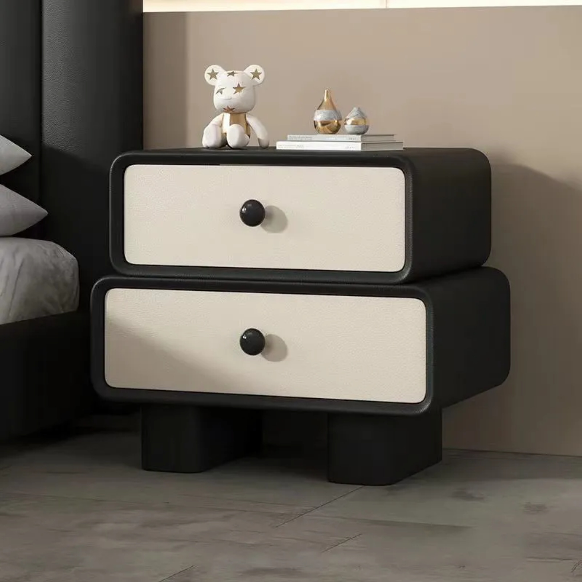 Gray leather 2-drawer rounded nightstands - minimalist — 15.75" L x 15.75" W x 19.29" H / Black & Beige