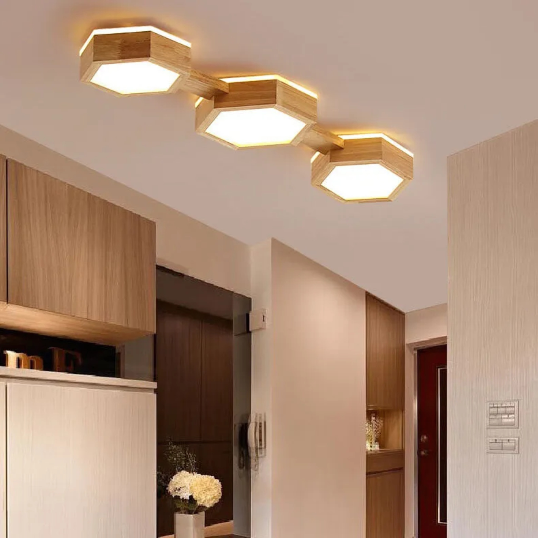 Modern hexagonal wooden flush mount lighting — Top Lighted / 1-Light / 110V-120V (US/CA)