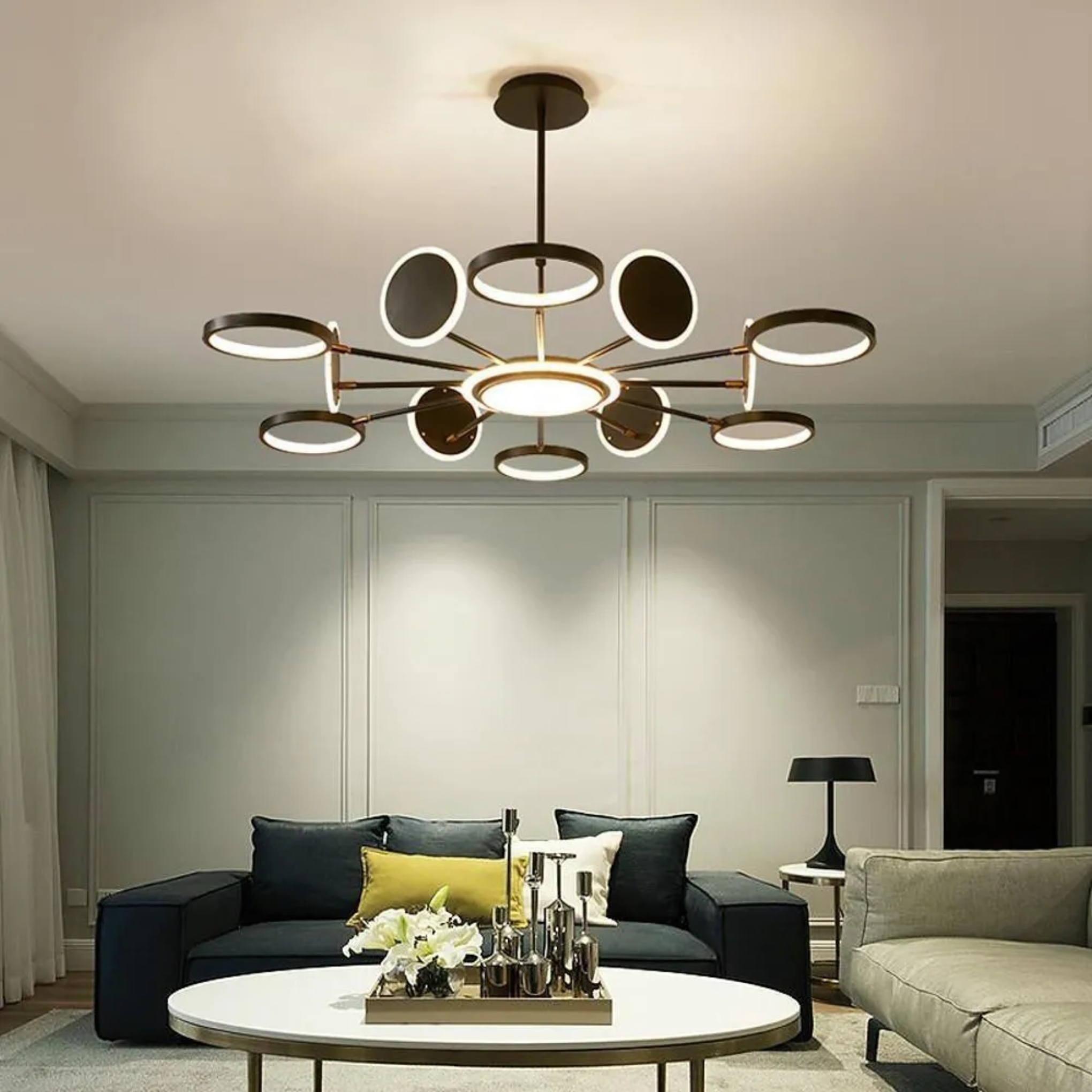 Lighom multi-circle acrylic pendant lighting for dining room — Warm White (3000K) / Matte Black / 6-Light