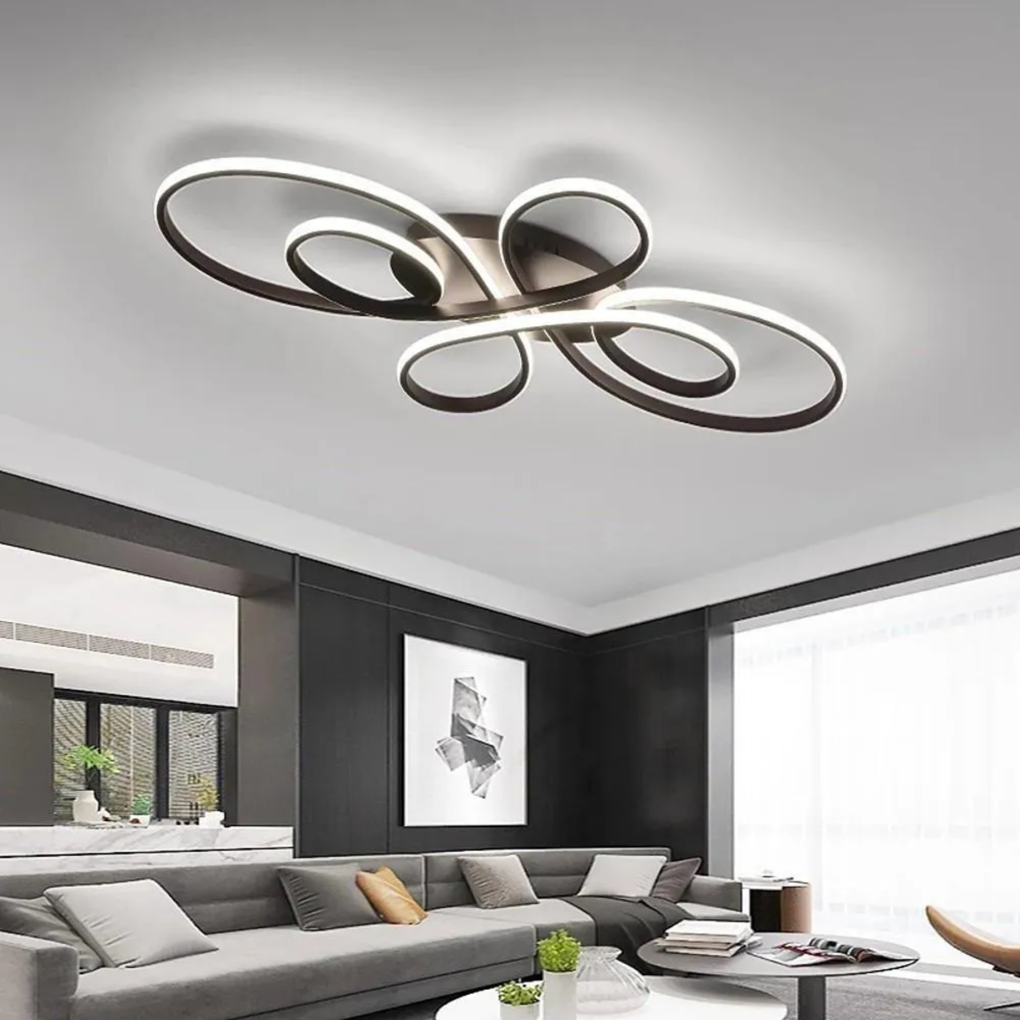 Lighom modernist multi-curve metal semi-flush mount light for living room — 24" L x 15" W x 3" H / Warm White (3000K) / White