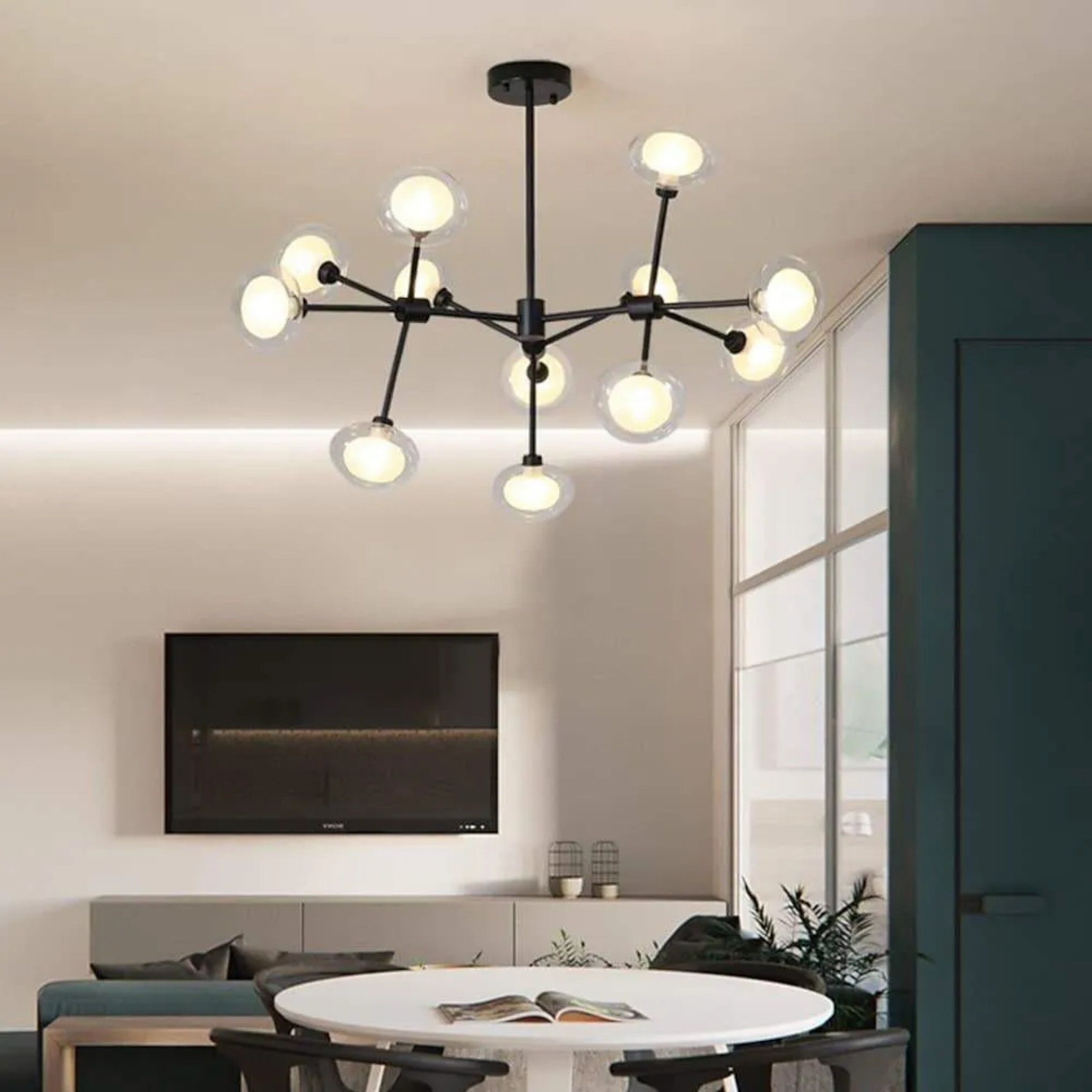 Multi-wave 12-bulb chandeliers in glass — Warm White (3000K) / Matte Black