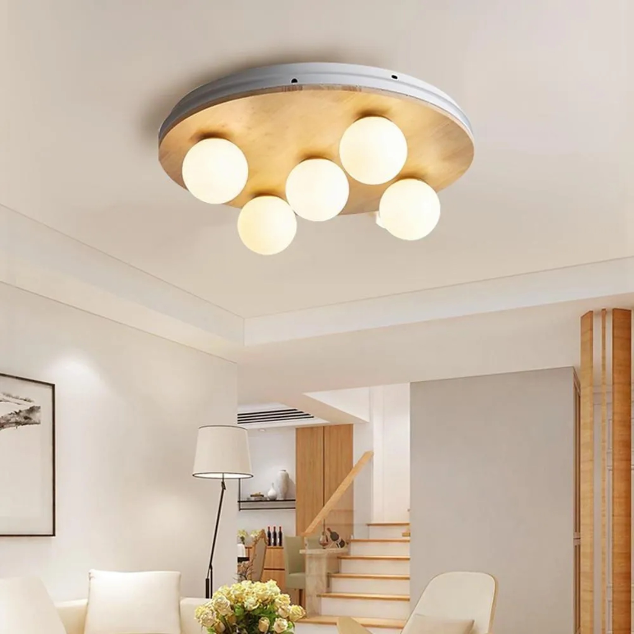 5-light bubble wood flush mount lighting for dining room — Warm White (3000K)