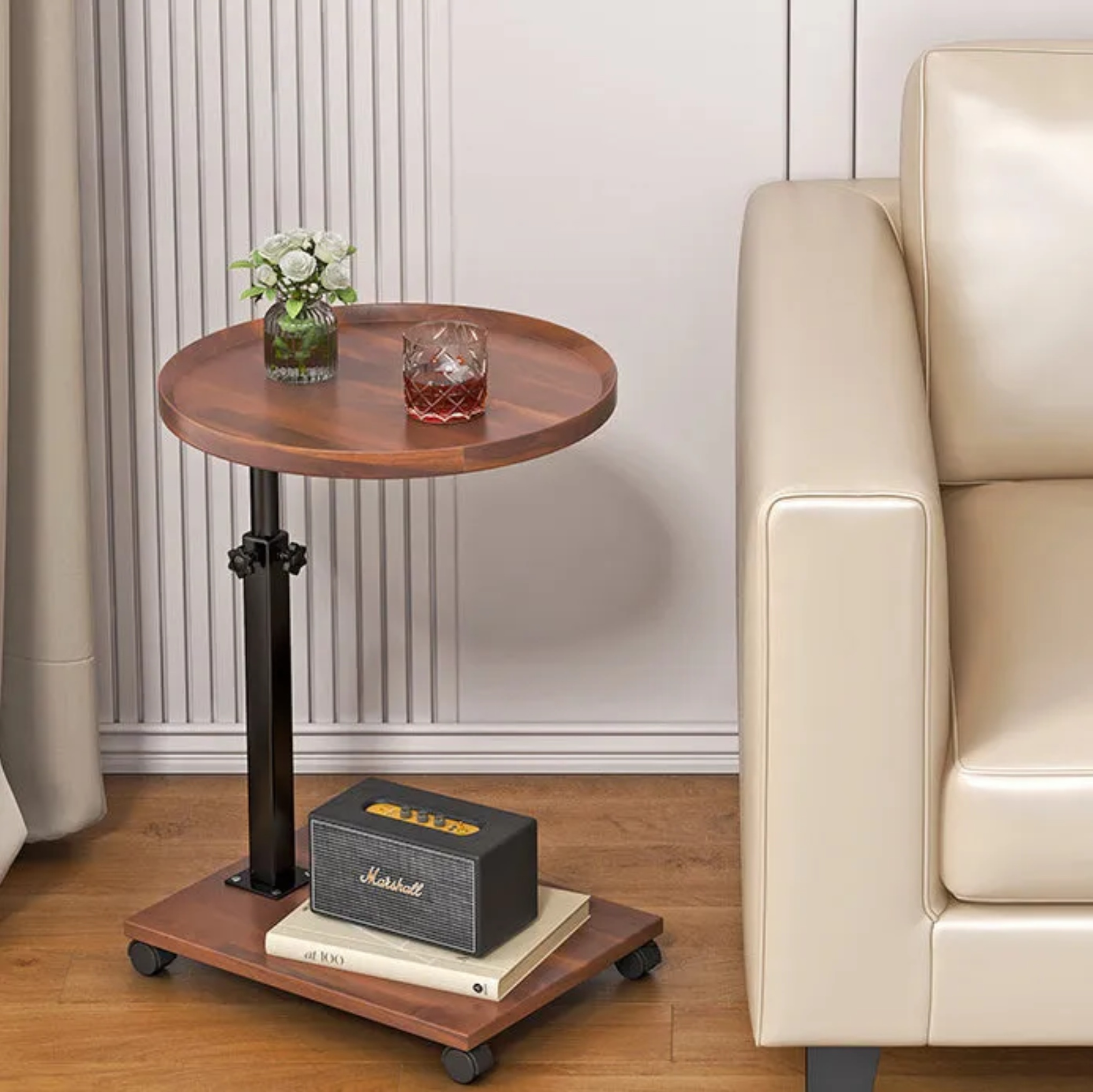 Lighom nordic 2-tier walnut end & side tables — 15.75" Dia x 17.72"-31.5" H