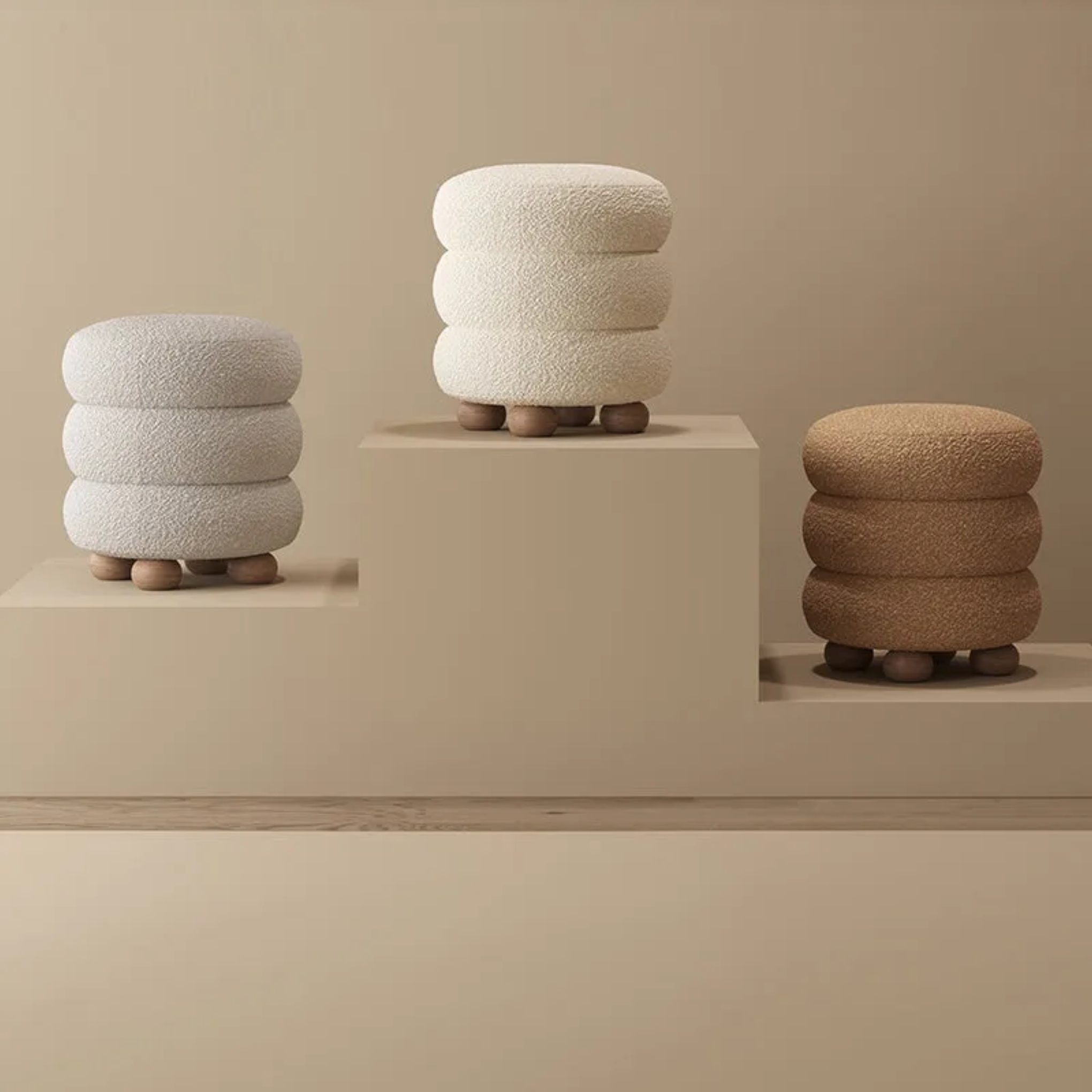 Lighom nordic candied-haws backless gray footstools in wood — Off White