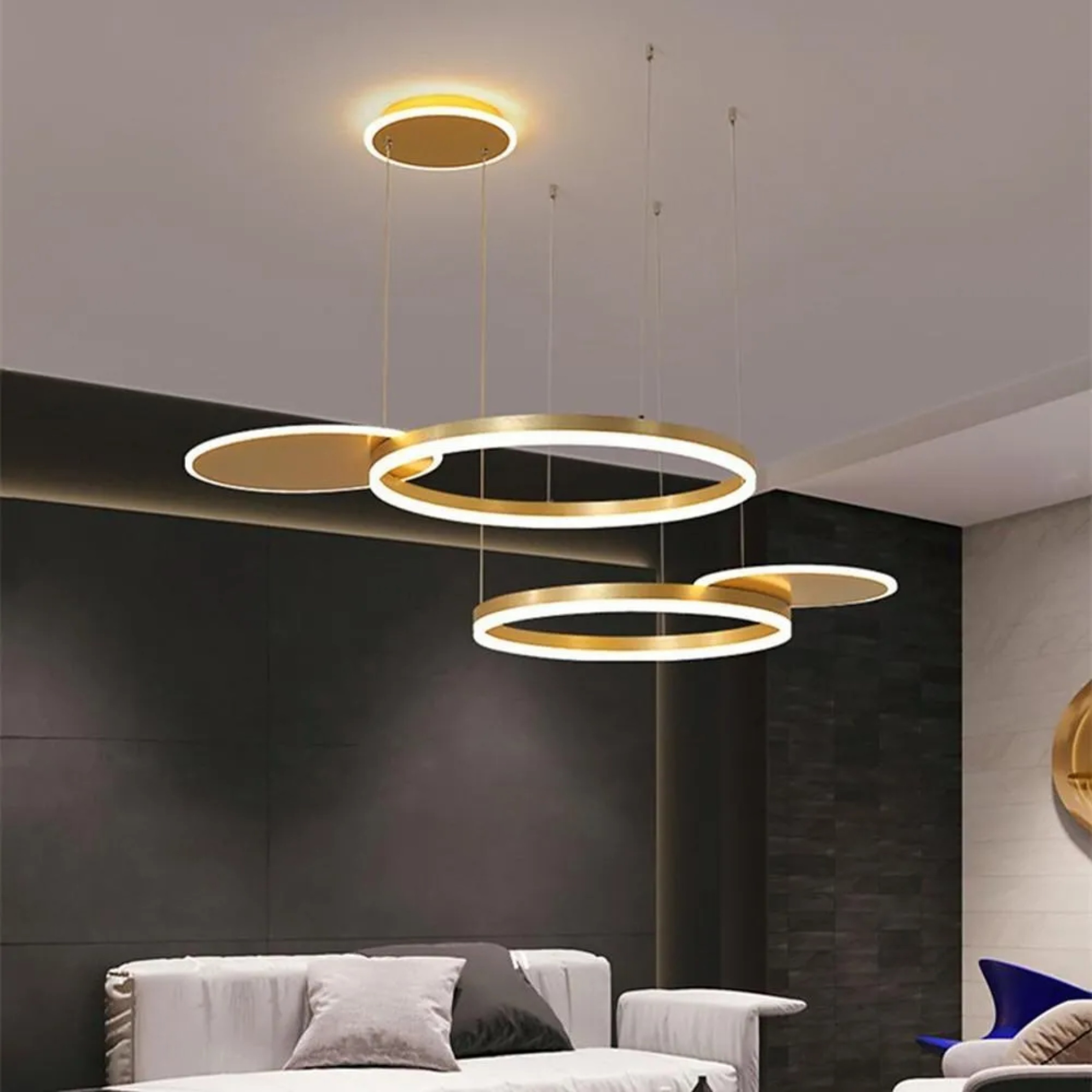 Modern circular streamlined brown chandeliers — Brushed Gold / Warm White (3000K)
