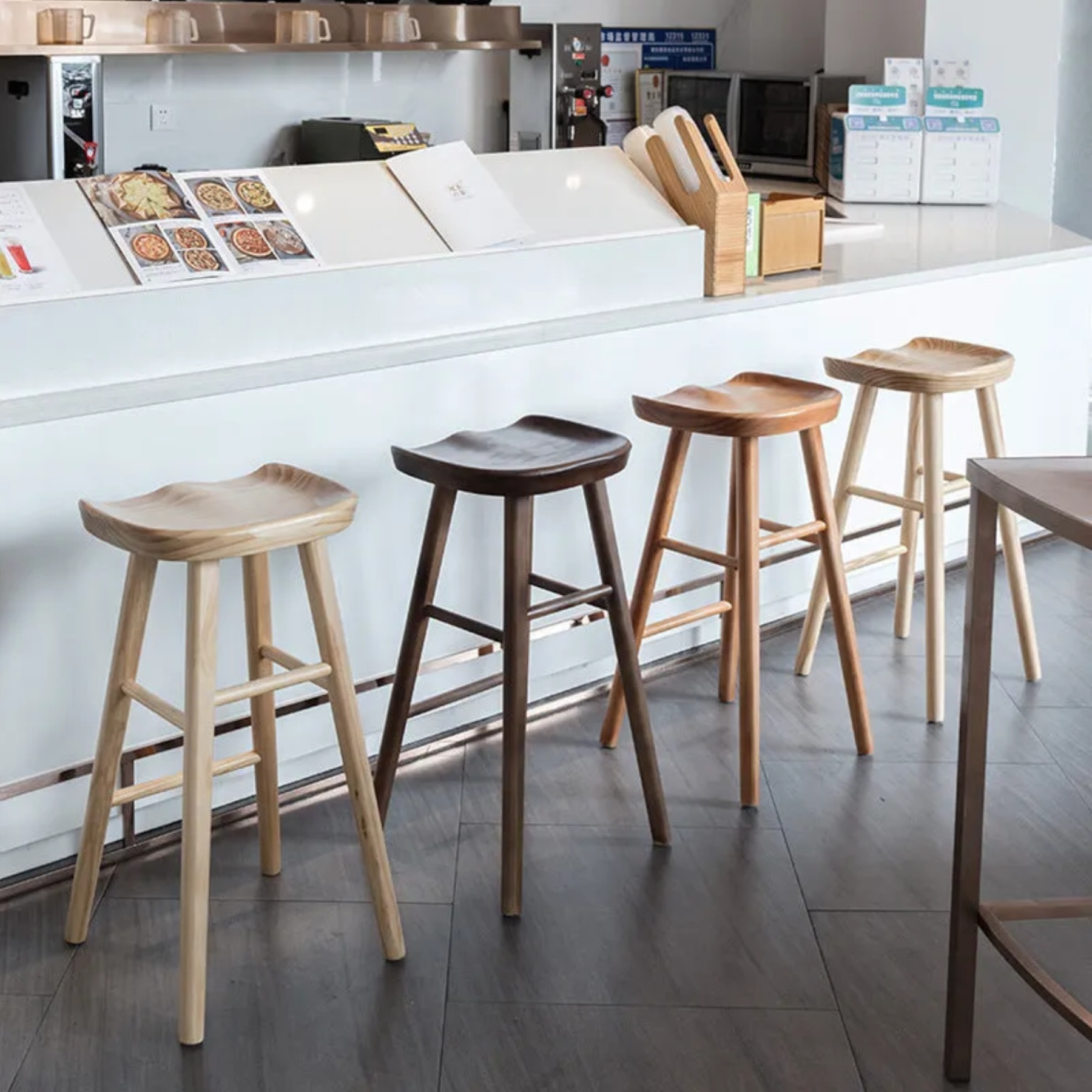 Nordic concave backless bar & counter stools in wood — 22" H x 16" Dia x 15.75" L / Natural Wood