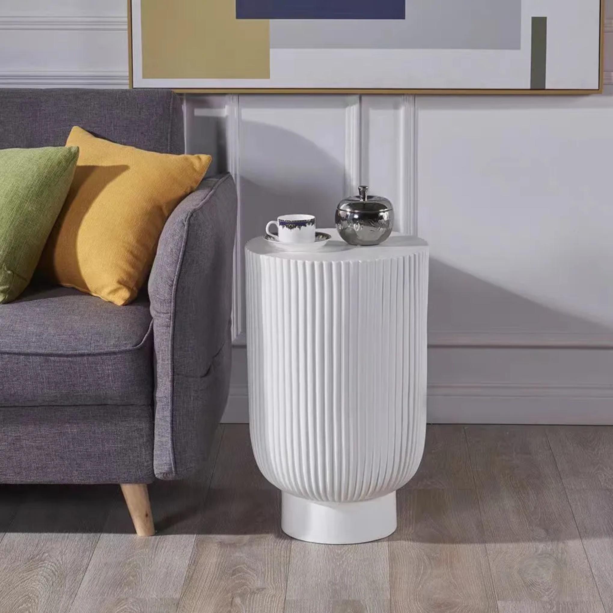 Blue wood striped cylinder side tables - nordic — 23.5" H x 14.5" Dia / White