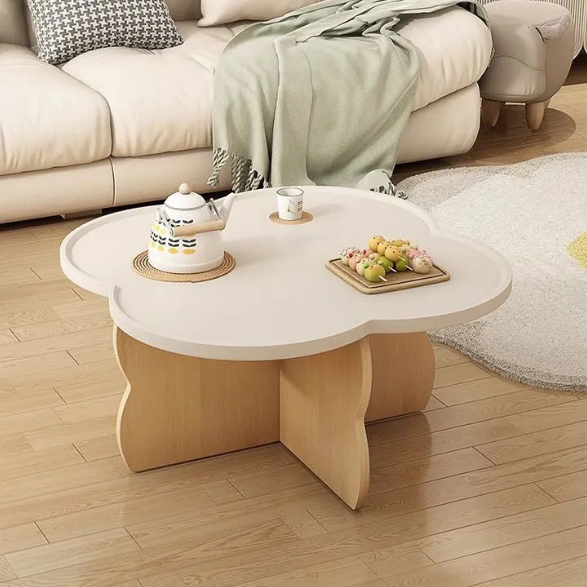 Nordic engineered shape coffee tables in wood rattan linen