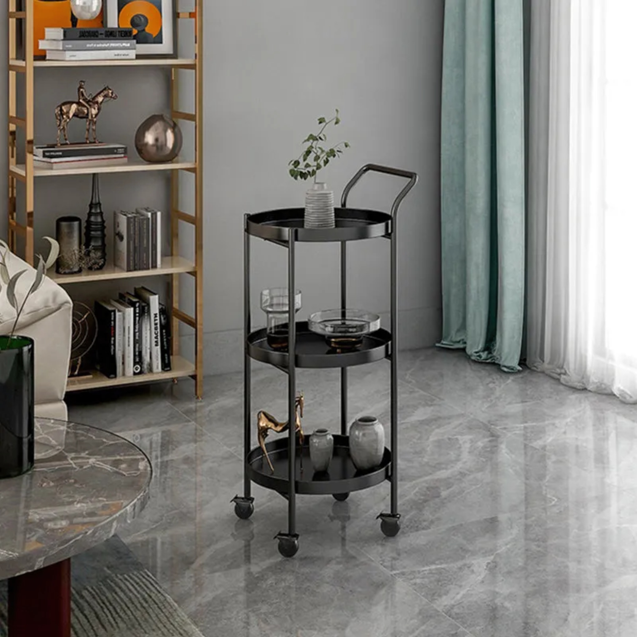 Nordic 3-tier movable black iron end & side tables — 2-Tier Without Handle / Gold