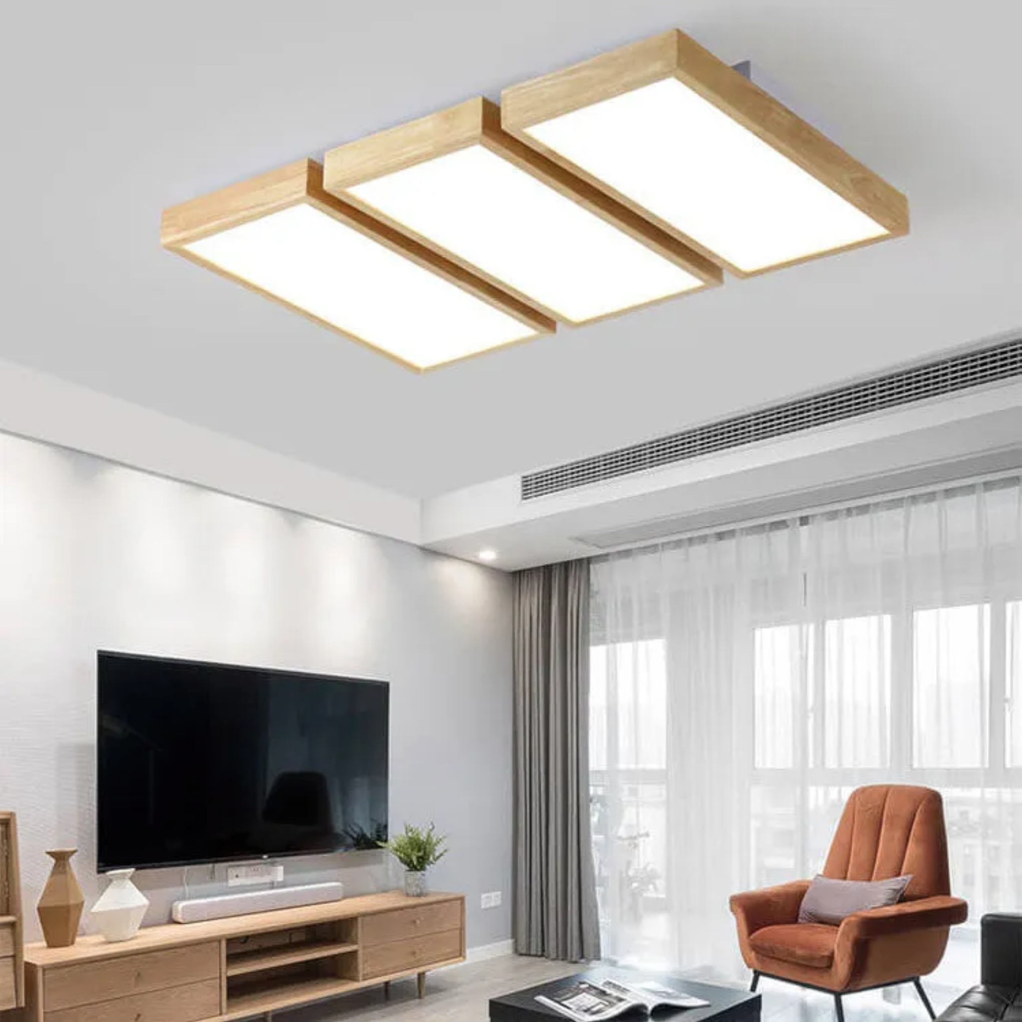 Japanese rectangular flush mount lighting in wood — Small (12"H / Warm White (3000K) / 110V-120V (US/CA)