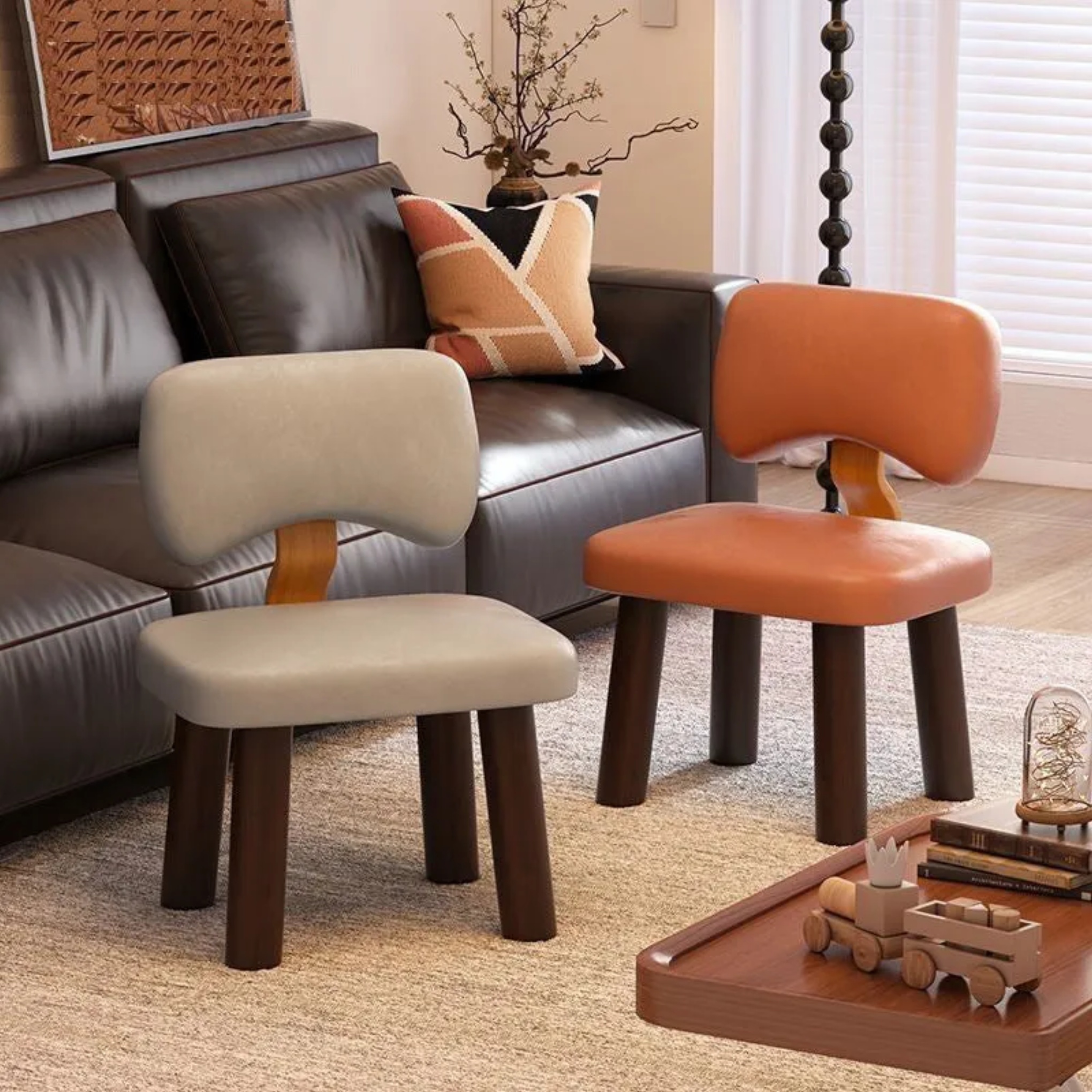 Lighom low solid leather low stools for entryway — Short / Orange