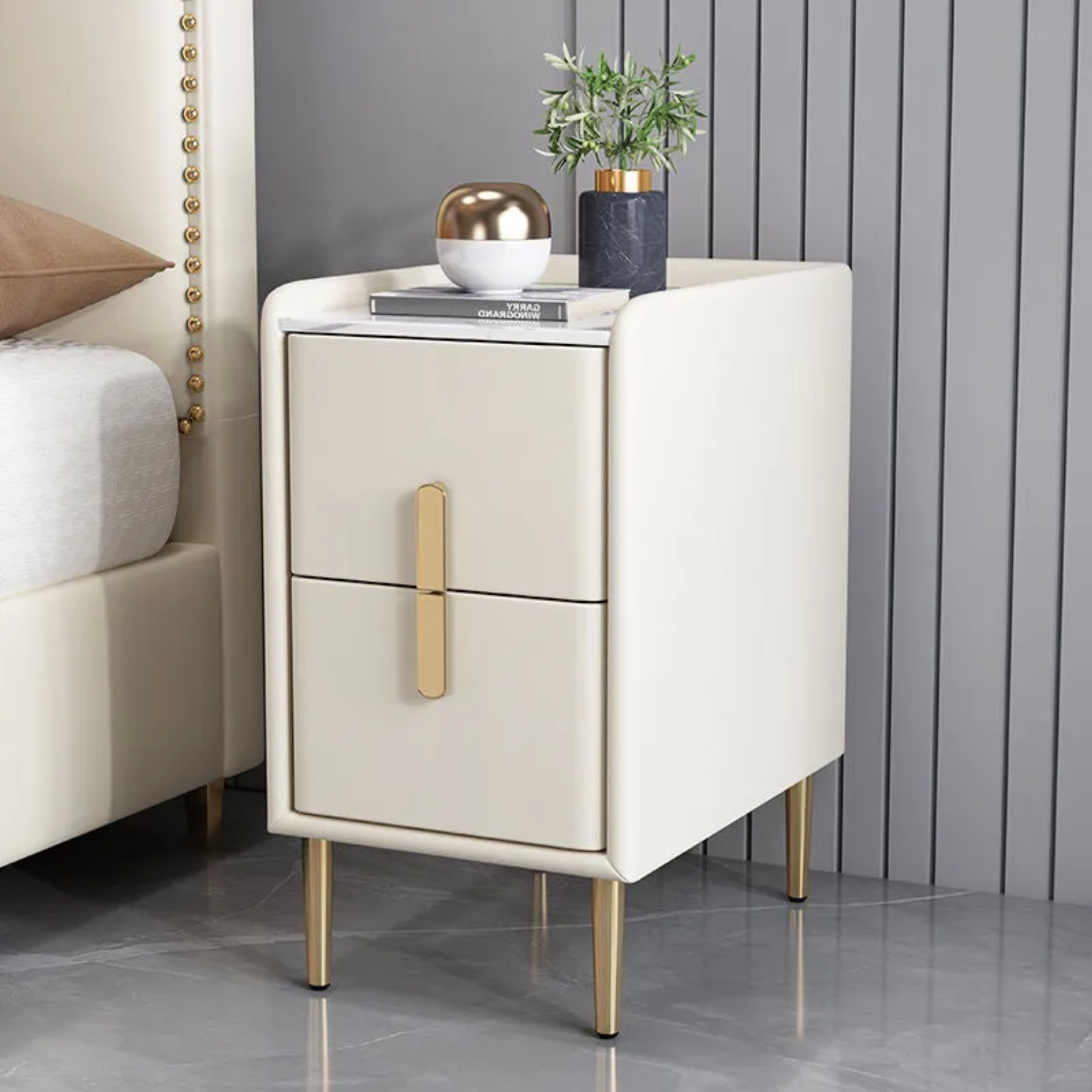 Nordic pine sintered wood leather nightstands — Off White