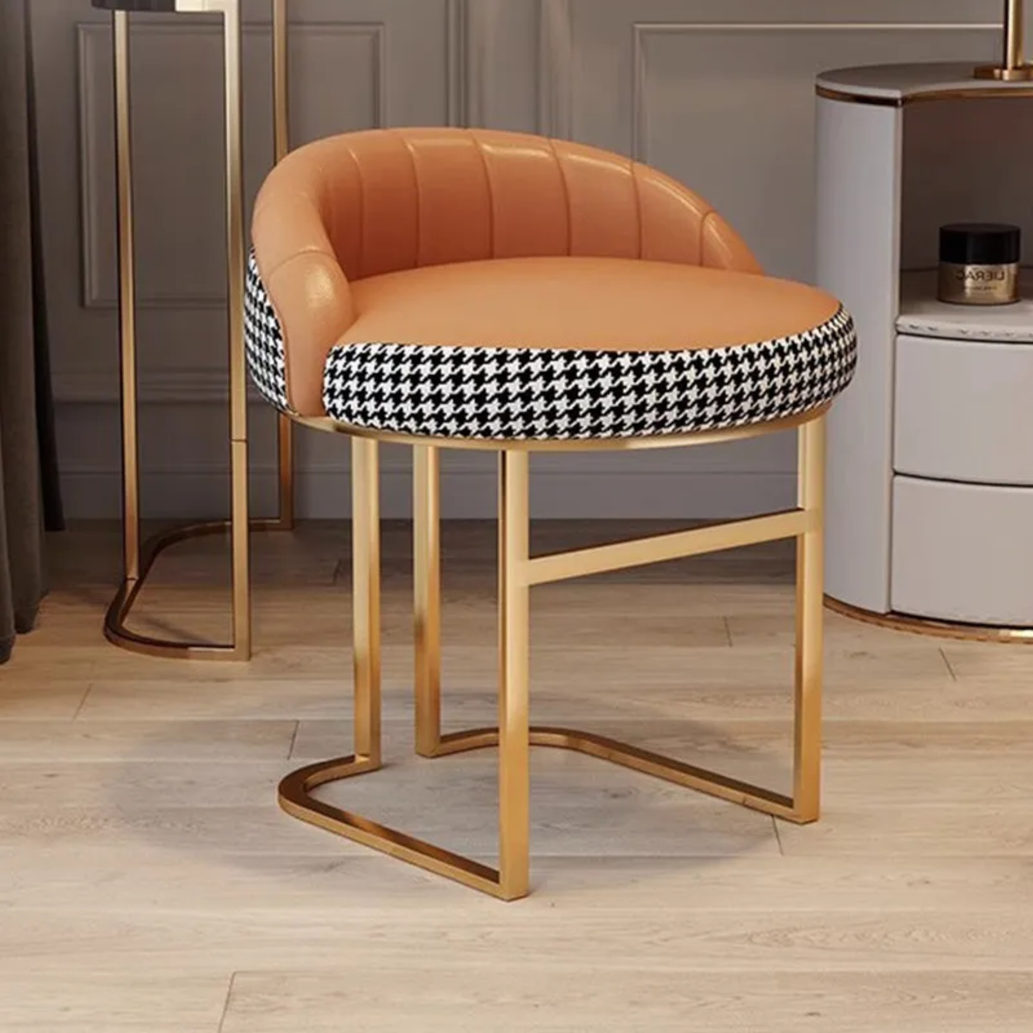 Nordic vanity curved wood leather iron wood vanity stools, Lighom
