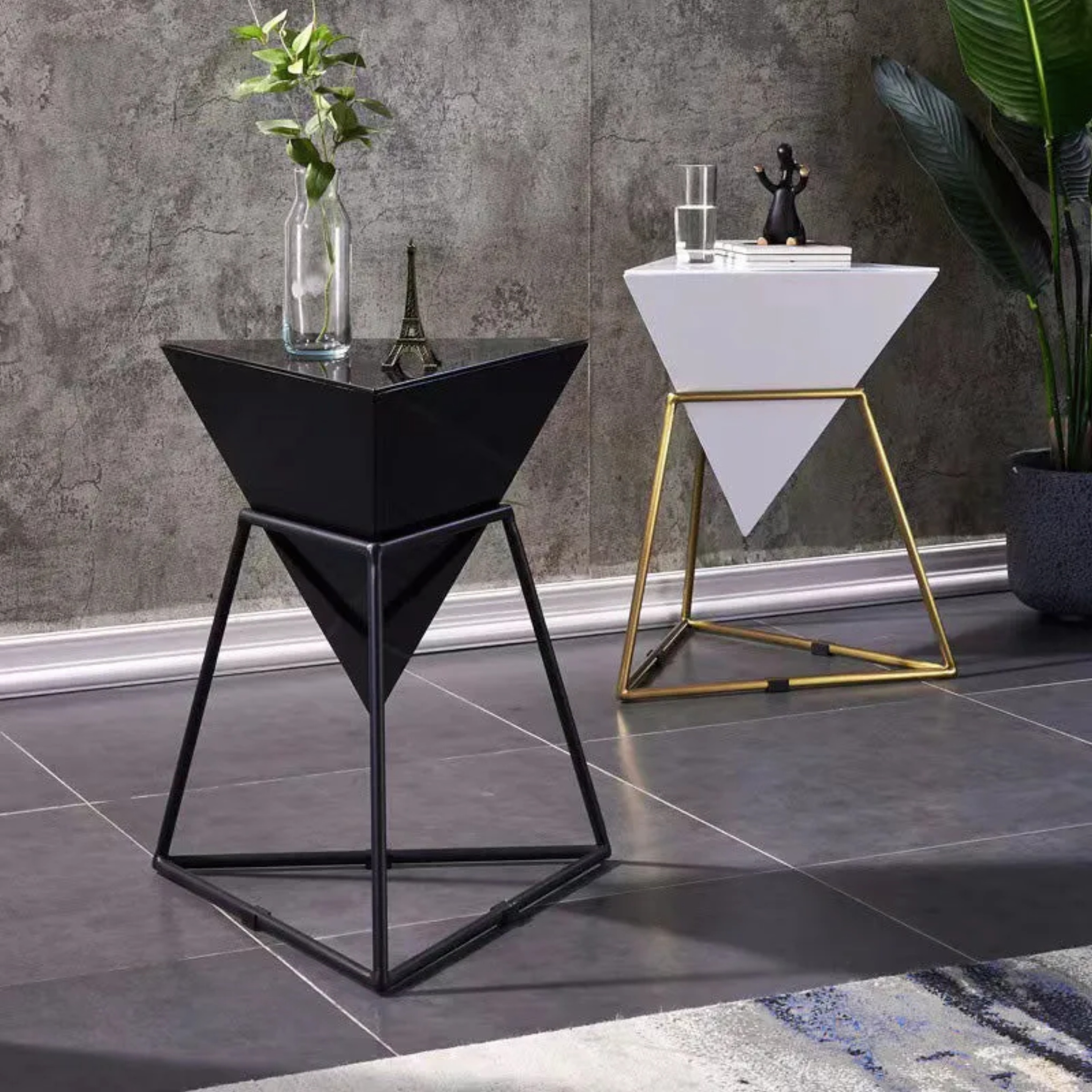 Lighom triangle slate pyramid black side tables in glass