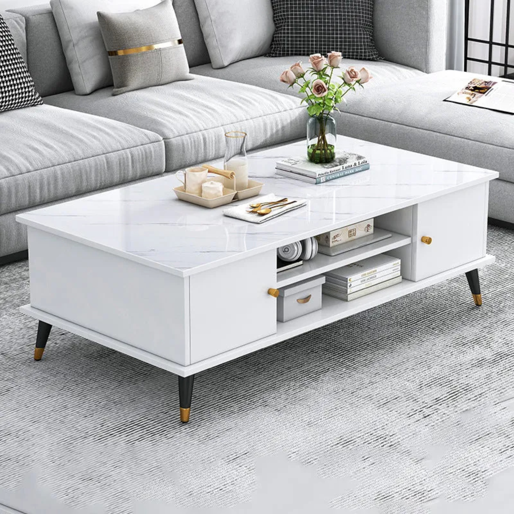 Nordic rectangular engineered wood coffee tables in iron — Design A