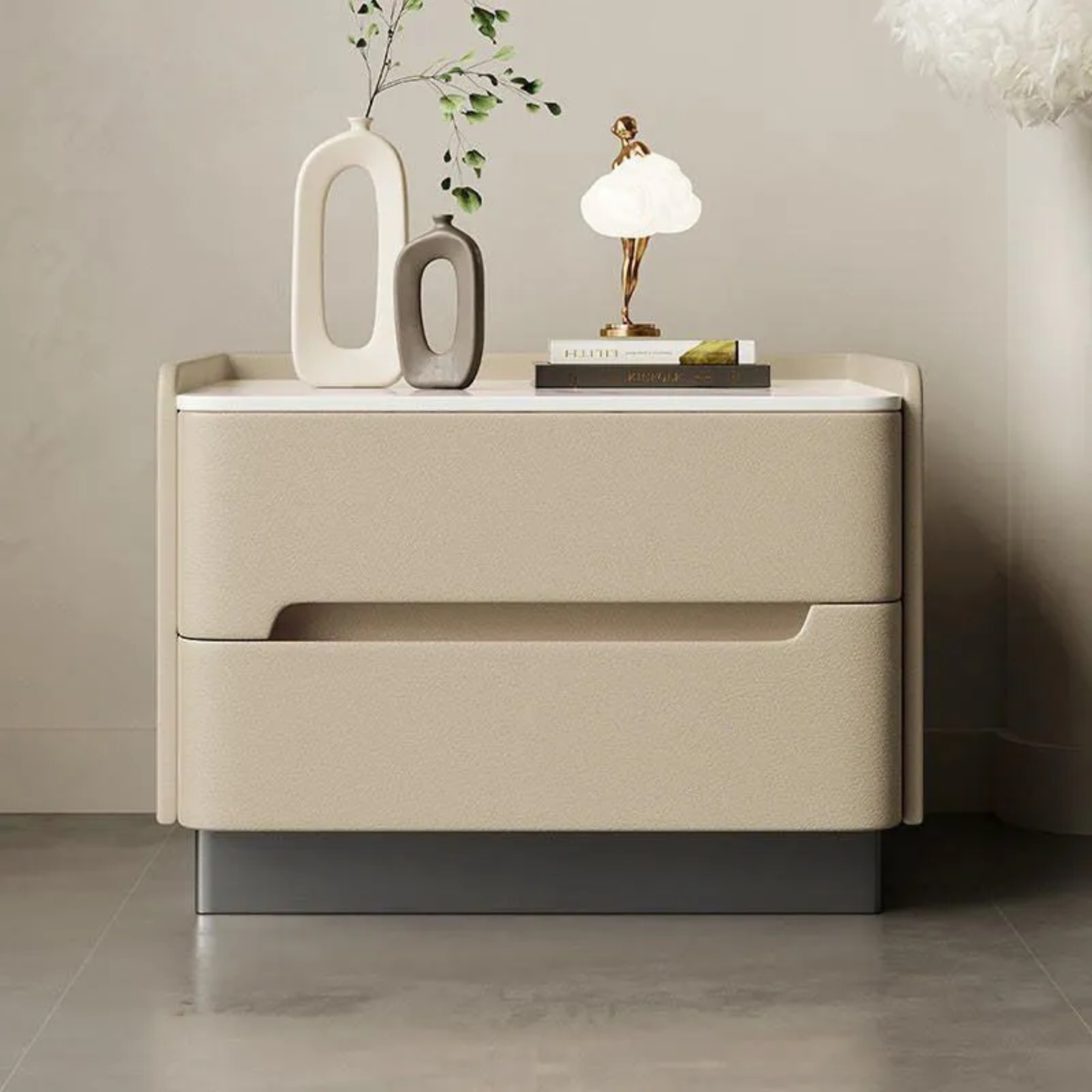 Lighom 2-drawer sintered stone end & side tables for bedroom — Khaki