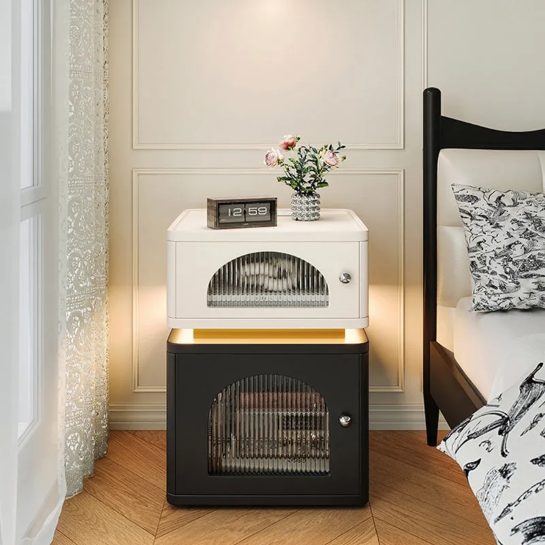 Lighom nordic cube strip glass nightstands — With Socket & Light Strip / Left