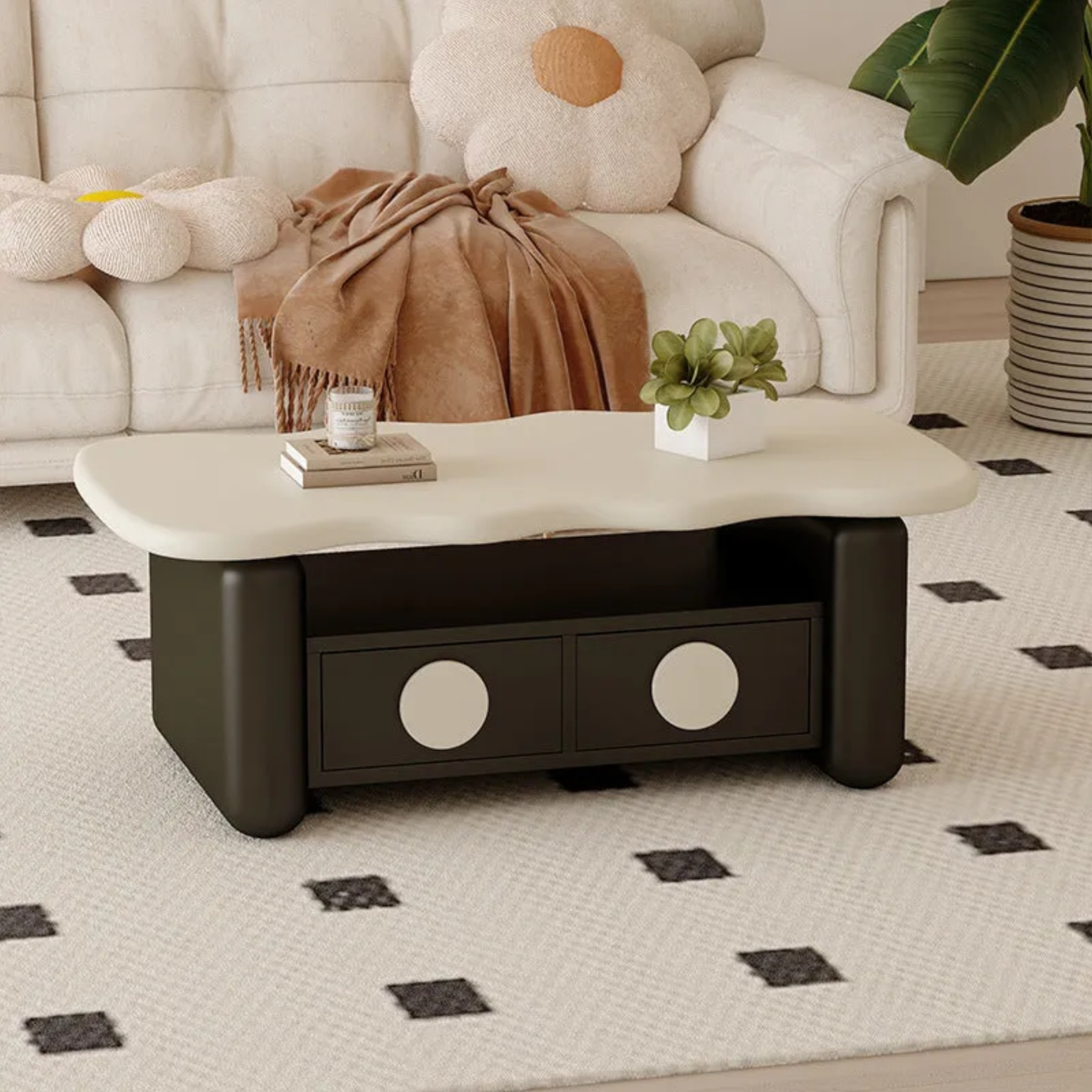Nordic 3-tier rectangular wood coffee tables — Off White & Black