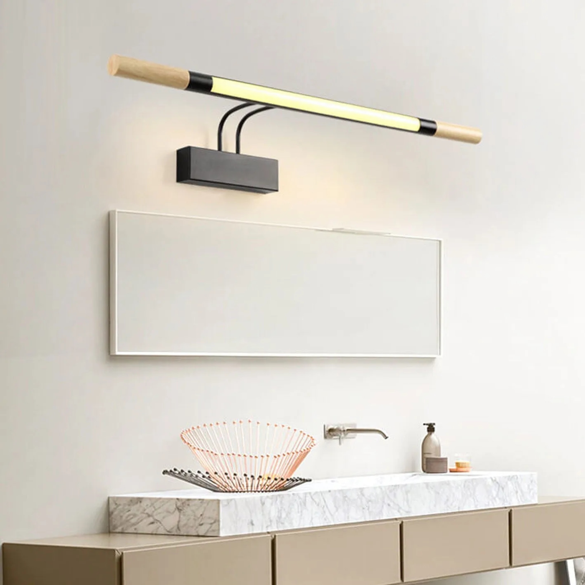 Curved vanity wood wall sconces for hallway — Warm White (3000K) / Matte Black / 110V-120V (US/CA)