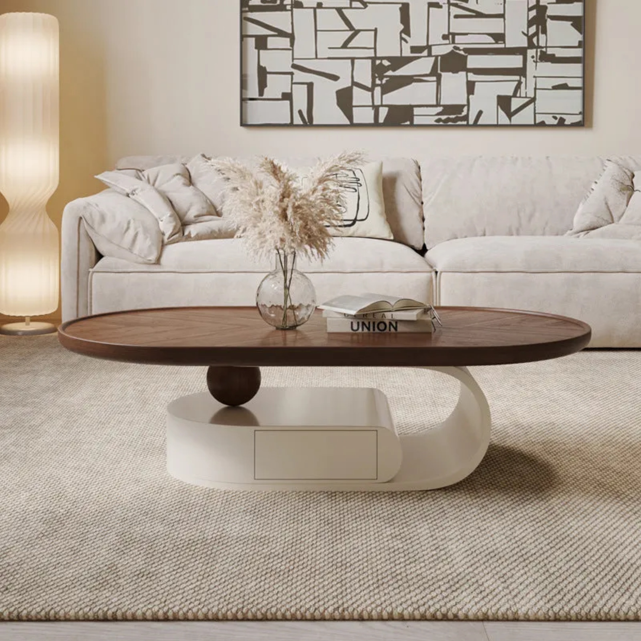Elliptical solid wood coffee tables for living room — 43.3" L x 23.6" W x 15.7" H