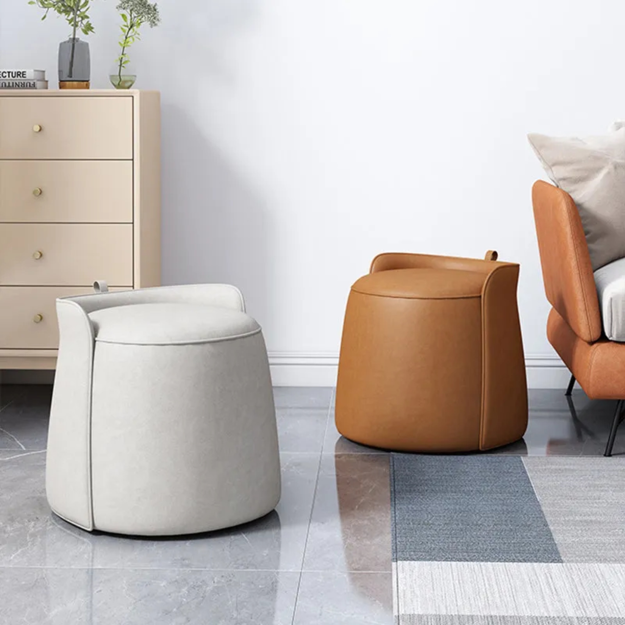 Nordic tech rotatable fabric vanity stools — Non-Rotatable / Off White