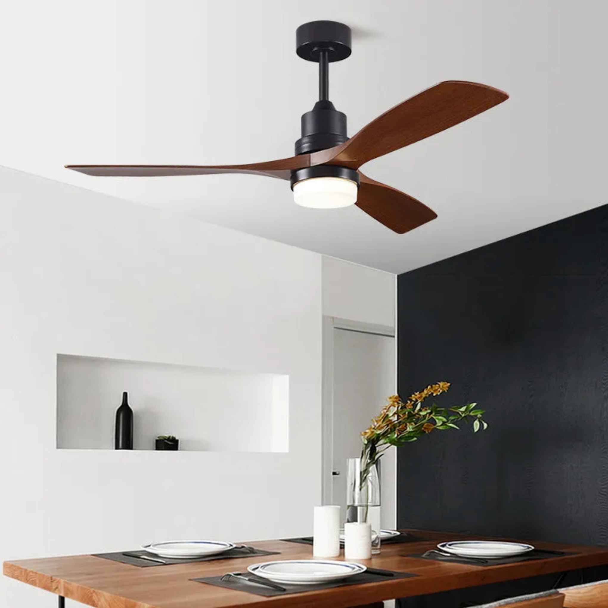 Nordic three blades ceiling fans in steel — Small / Warm White (3000K) / Walnut