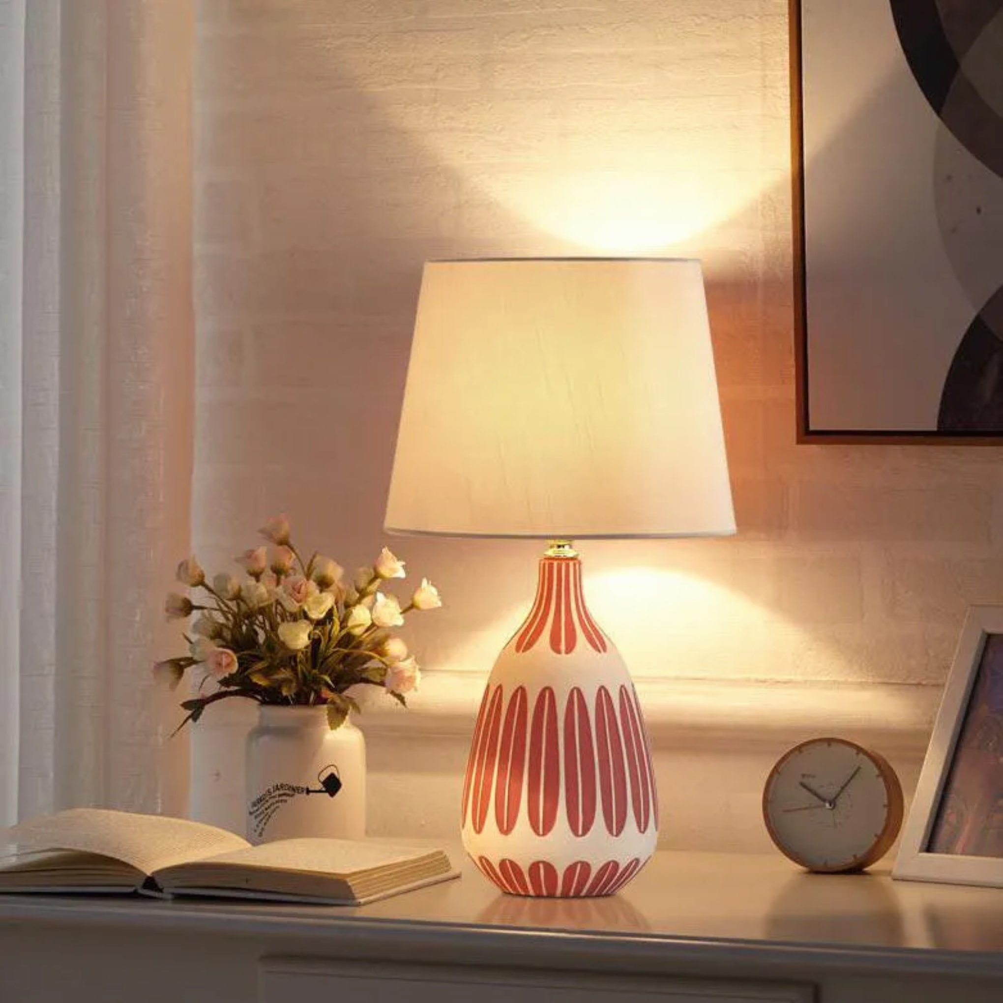 Nordic vertical pattern green table lamps — Push Button Switch / Green Ceramic & Beige Shade / 110V-120V (US/CA