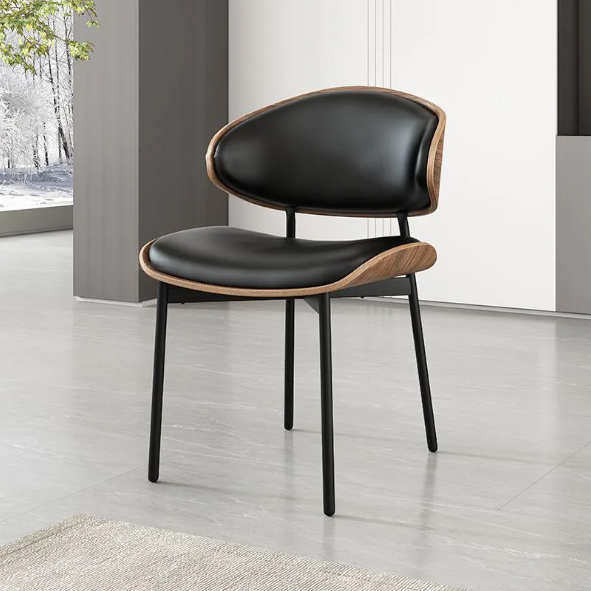 Nordic microfiber leather dining chairs & benches — Walnut Wood Grain & Black