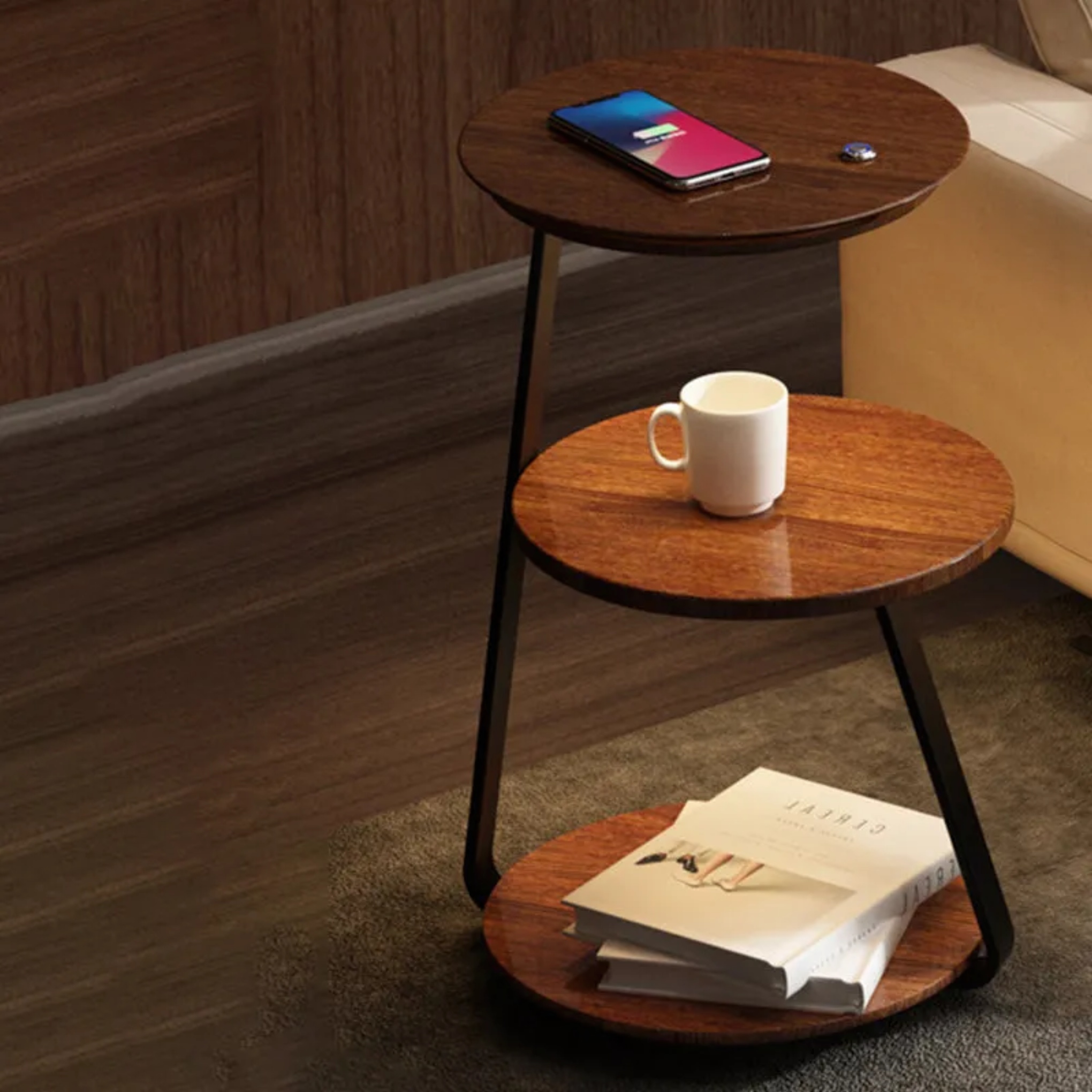 Walnut nordic charging wireless nightstands — With Wireless Charging