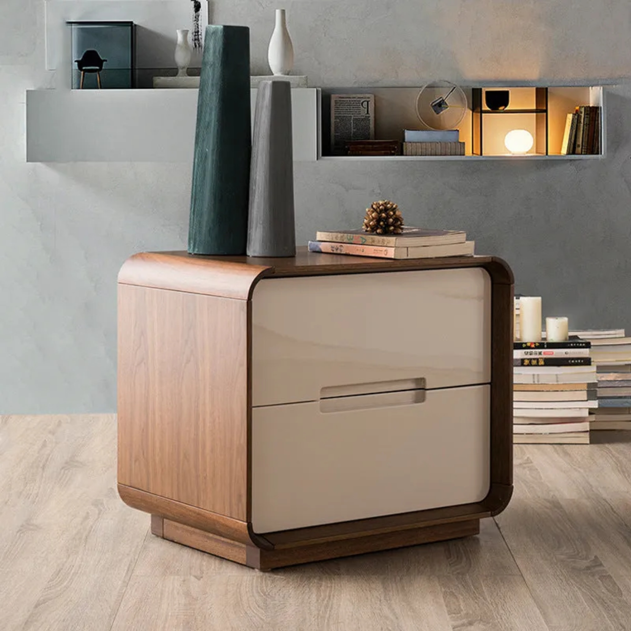 Nordic 2-drawer rounded wood leather glass nightstands