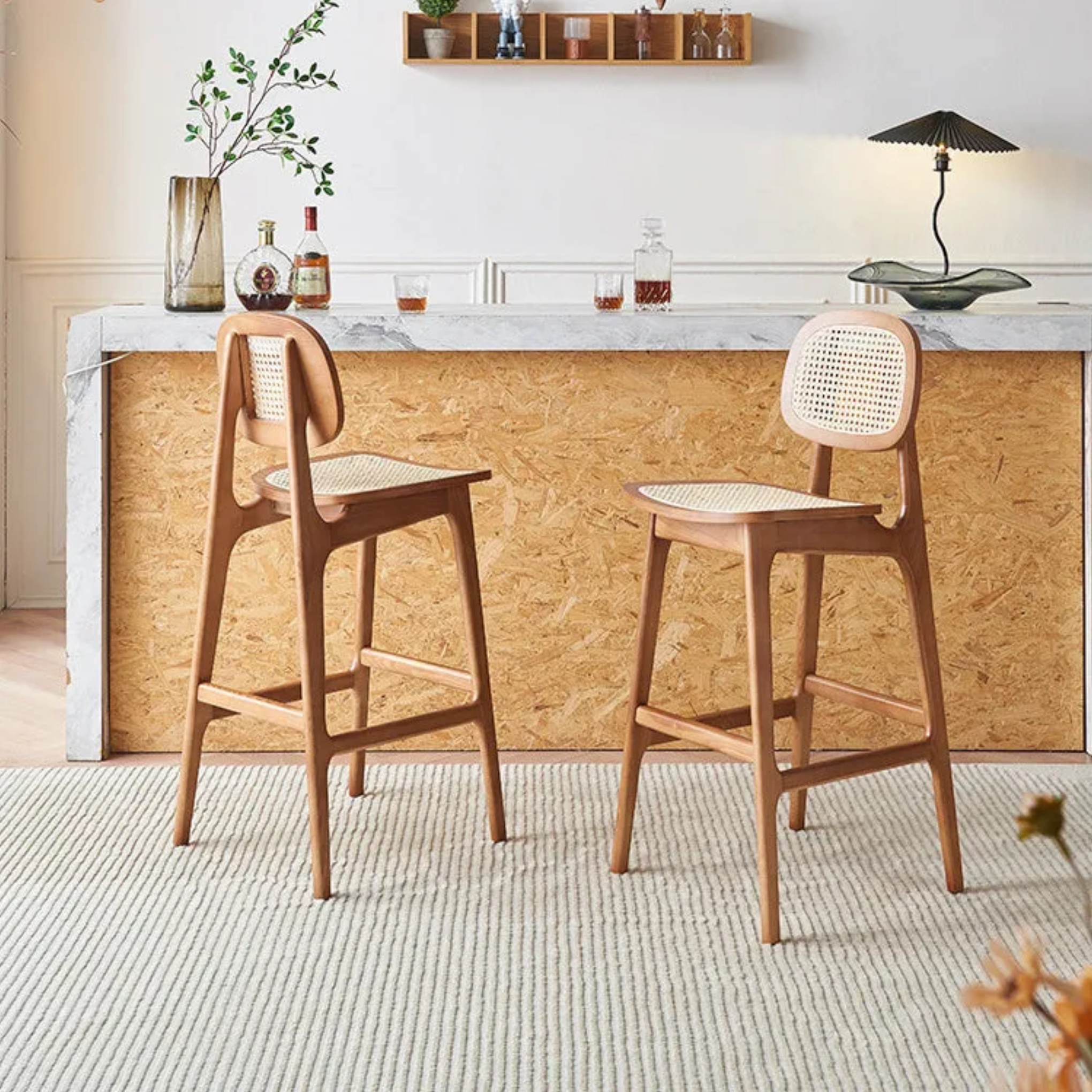 Nordic rectangular wood rattan wood metal bar & counter stools